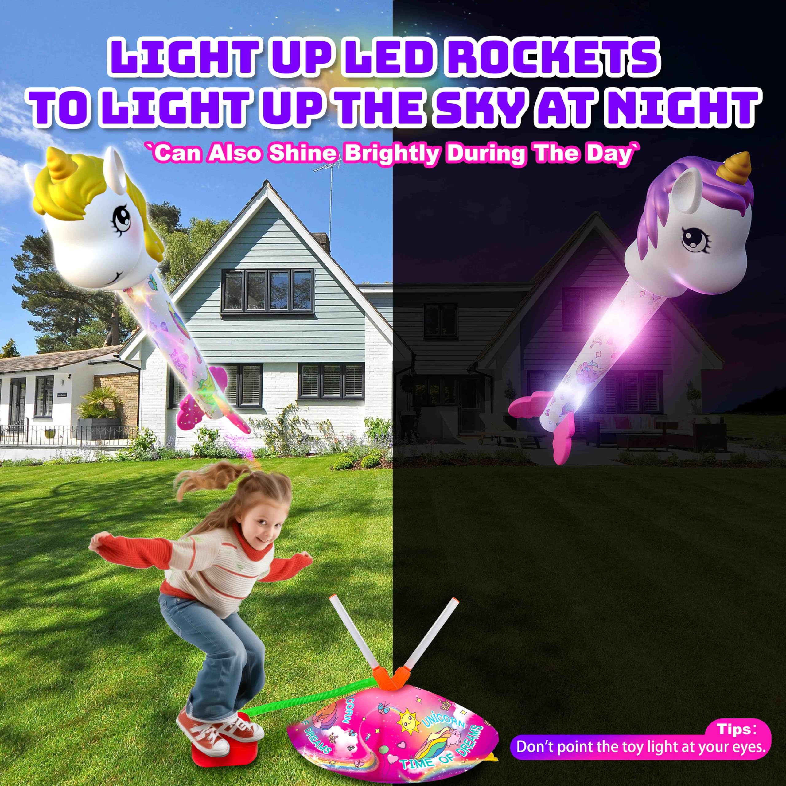 Unicorn Toy Rocket Launcher for Kids - 3 LED Light Up Rockets, Stomp Launch Outdoor Play Toy - Best Birthday Gift for Girls & Boys Ages 3-8 (Great for Backyard, Park & Outdoor Activities)