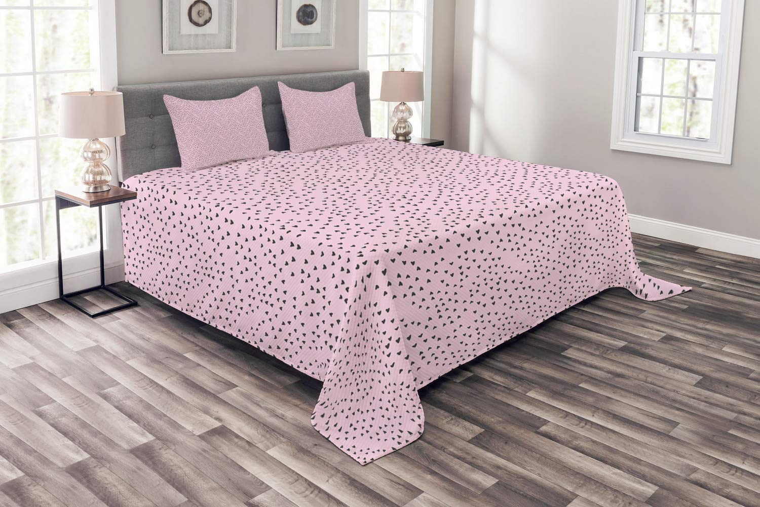 Ambesonne Heart Bedspread Set - King Size 3-Piece Quilted Coverlet with 2 Pillow Shams, Valentine's Day Romantic Design in Pale Pink & Dark Taupe | Perfect for Bedroom Decor, Anniversary Gift & Cozy Home Styling