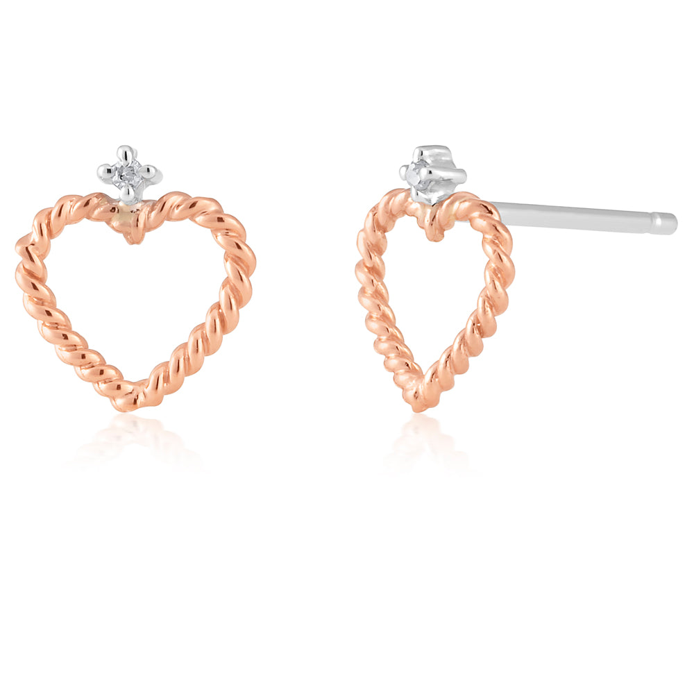 9ct Rose & White Gold 0.01 Carat 2 Brilliant Cut Diamond Heart Stud Earrings - Elegant Jewelry Gift for Women, Perfect for Valentine's Day, Anniversary & Special Occasions