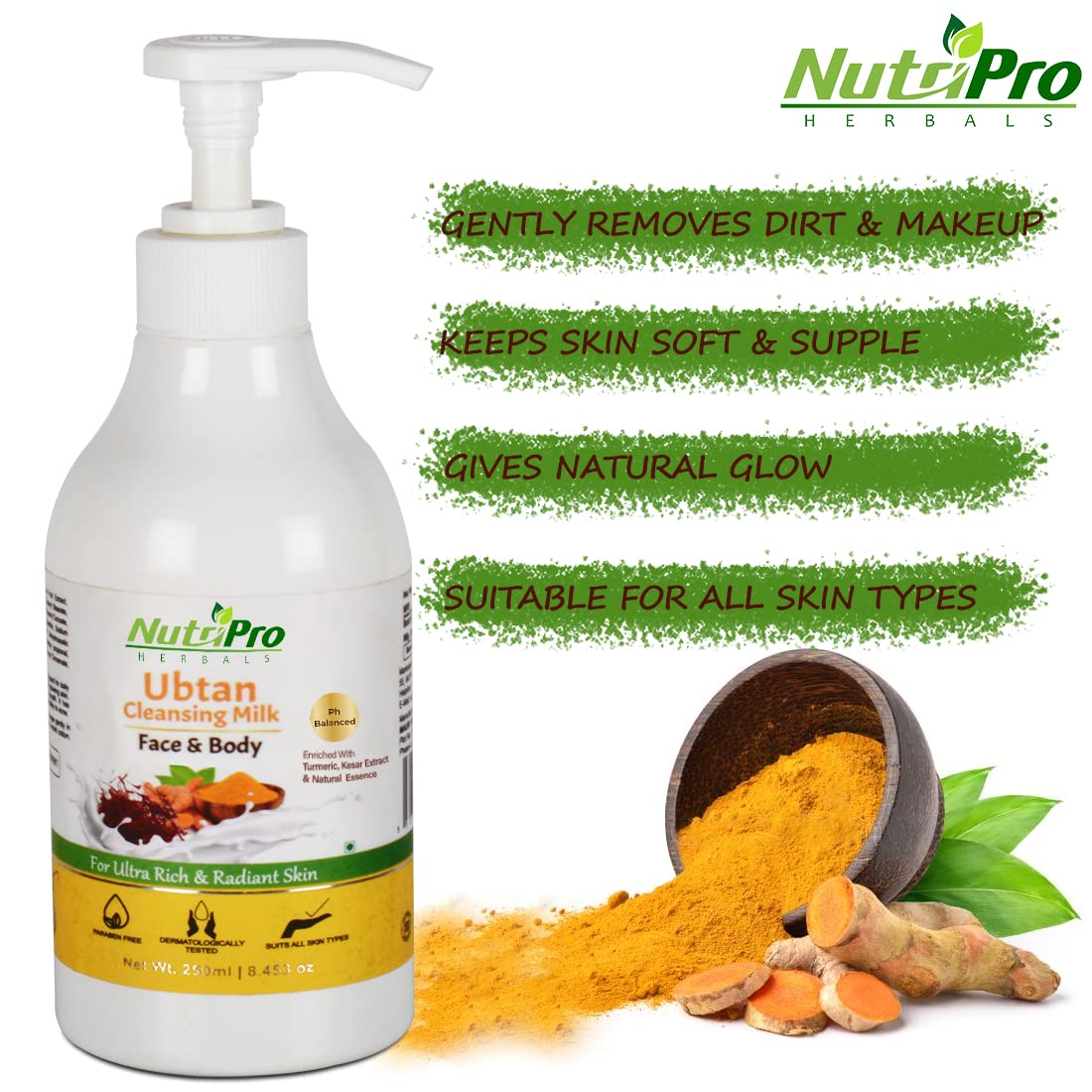 NutriPro Ubtan Cleansing Milk with Turmeric & Kesar Extract - Natural Makeup Remover & Skin Brightening Face Wash for Glowing Skin - Paraben & Silicone Free (250ml) | Perfect for Daily Cleansing & Post-Makeup Skincare Routine