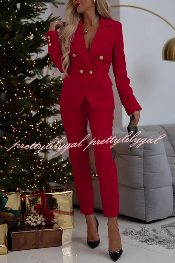 Stylish Women's Lapel Button Pocket Long Sleeve Blazer with Elastic Waist Pants Suit Set - Perfect for Office Wear, Business Meetings, and Formal Occasions