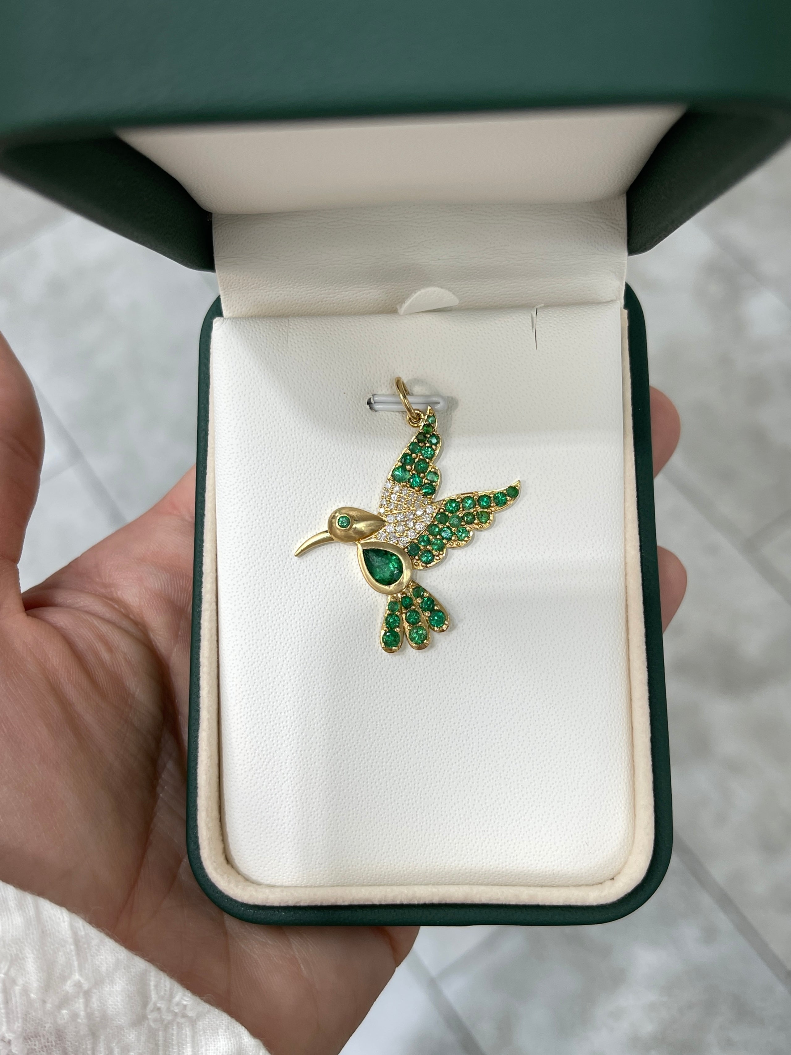 2.16tcw Natural Emerald & Diamond Hummingbird Pendant in 14K Gold - Elegant Jewelry Gift for Women, Perfect for Birthdays, Anniversaries & Special Occasions