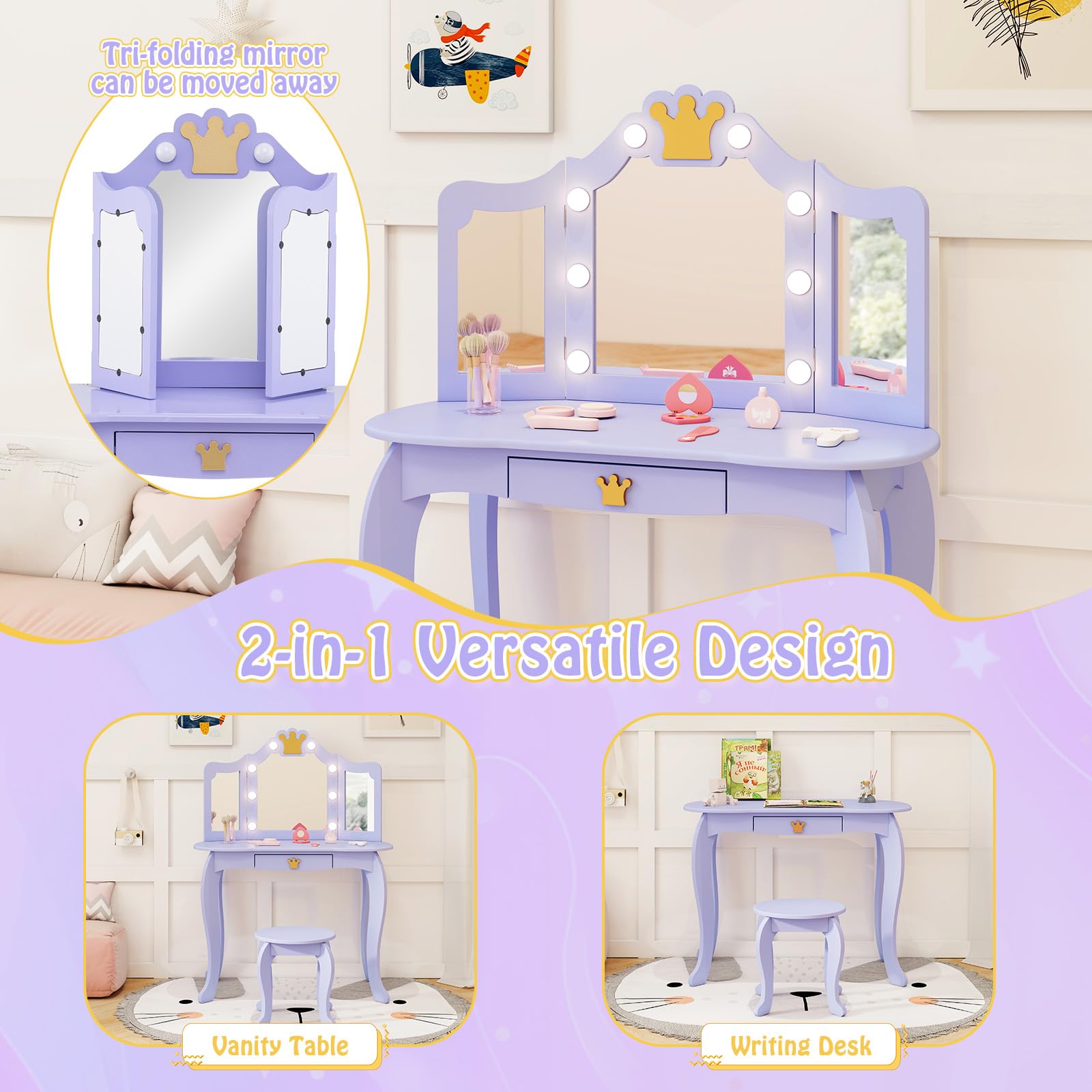 GLACER Girls Vanity Set with Mirror, Stool & LED Lights - 2-in-1 Wooden Princess Makeup Vanity Desk with 3 Lighting Modes, Storage Drawer & Adjustable Chair - Kids Vanity Table Set for Bedroom (Violet) - Perfect for Birthday Gifts, Playroom Decor & Pretend Play