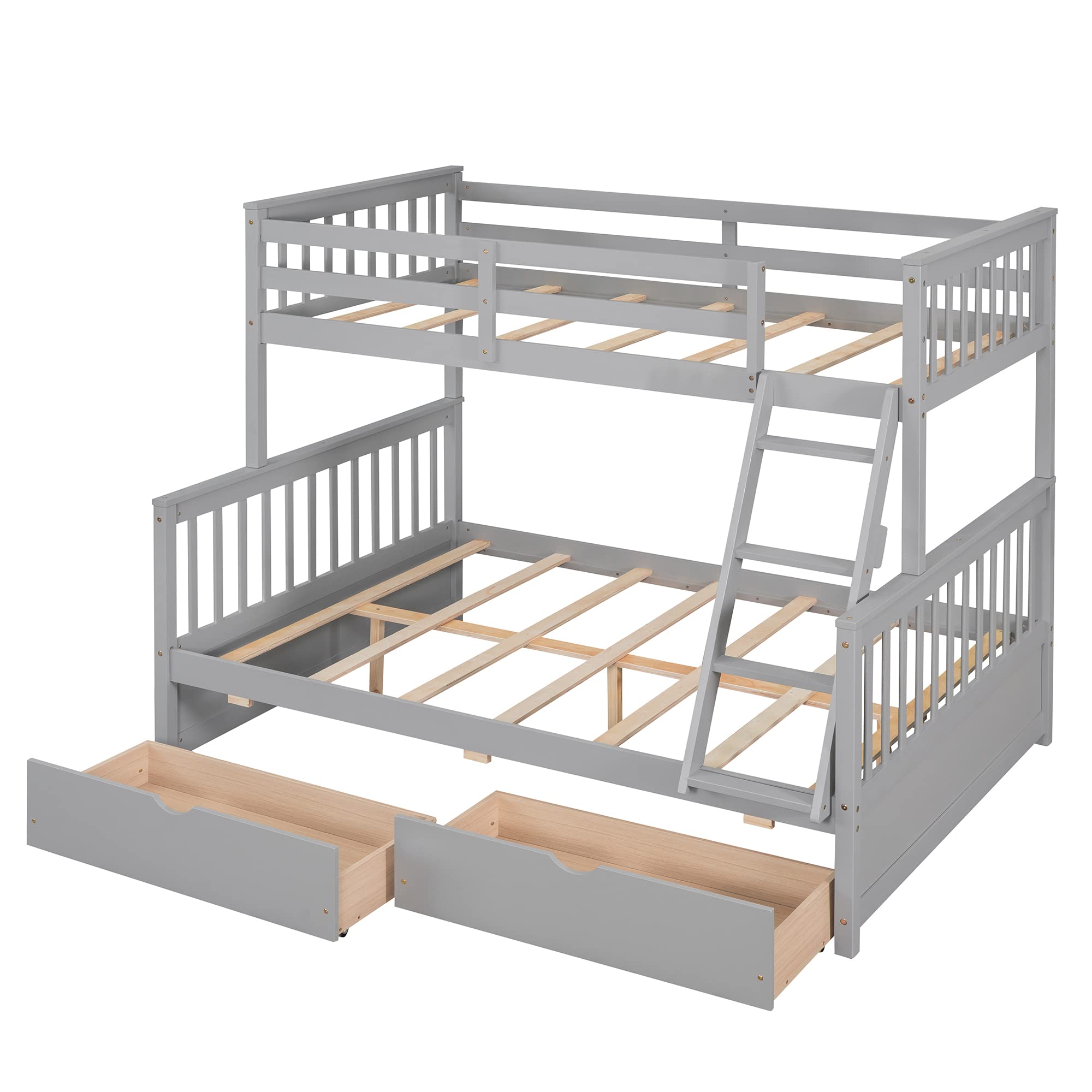 Harper & Bright Designs Twin Over Full Bunk Bed with Drawers & Ladder - Solid Wood Space-Saving Kids Bunk Bed - Grey Bedroom Furniture for Small Rooms & Shared Kids Bedrooms