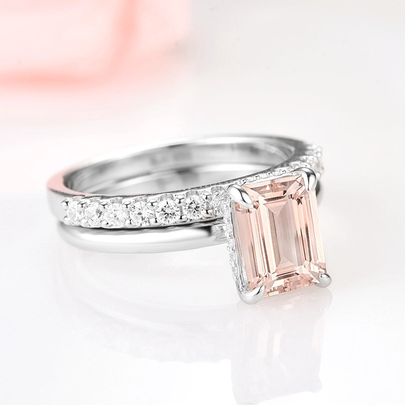 Hidden Halo Emerald Cut Morganite Engagement Ring Set in Sterling Silver - Perfect for Proposals, Anniversaries & Bridal Jewelry
