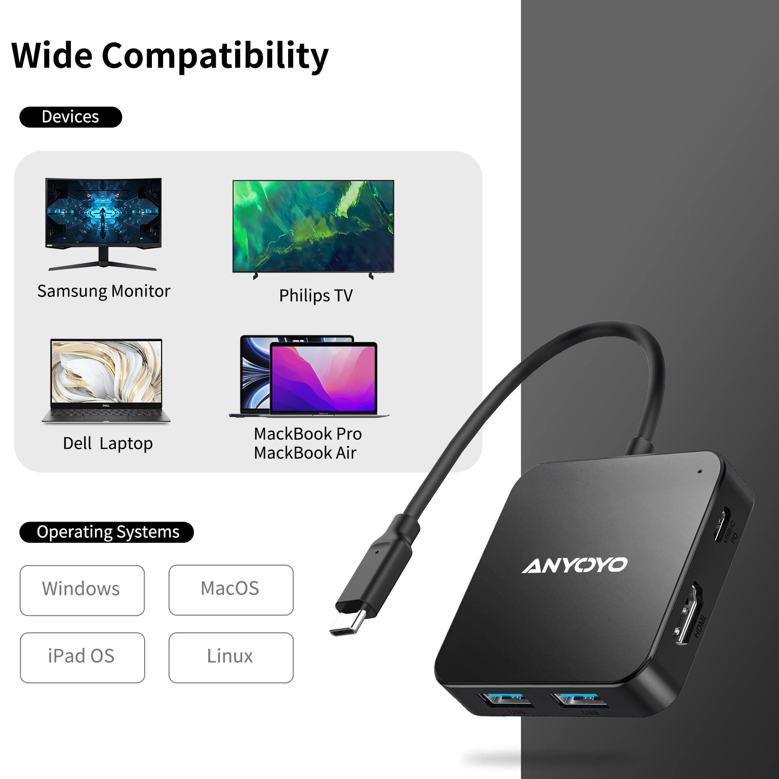 6-in-1 USB C Hub Adapter with 4K 30Hz HDMI, 100W PD Charging, 3 USB 3.0 Ports & USB C Port - Compatible with MacBook Pro/Air, Laptops & USB C Devices - Perfect for Home Office, Travel & Multi-Screen Work