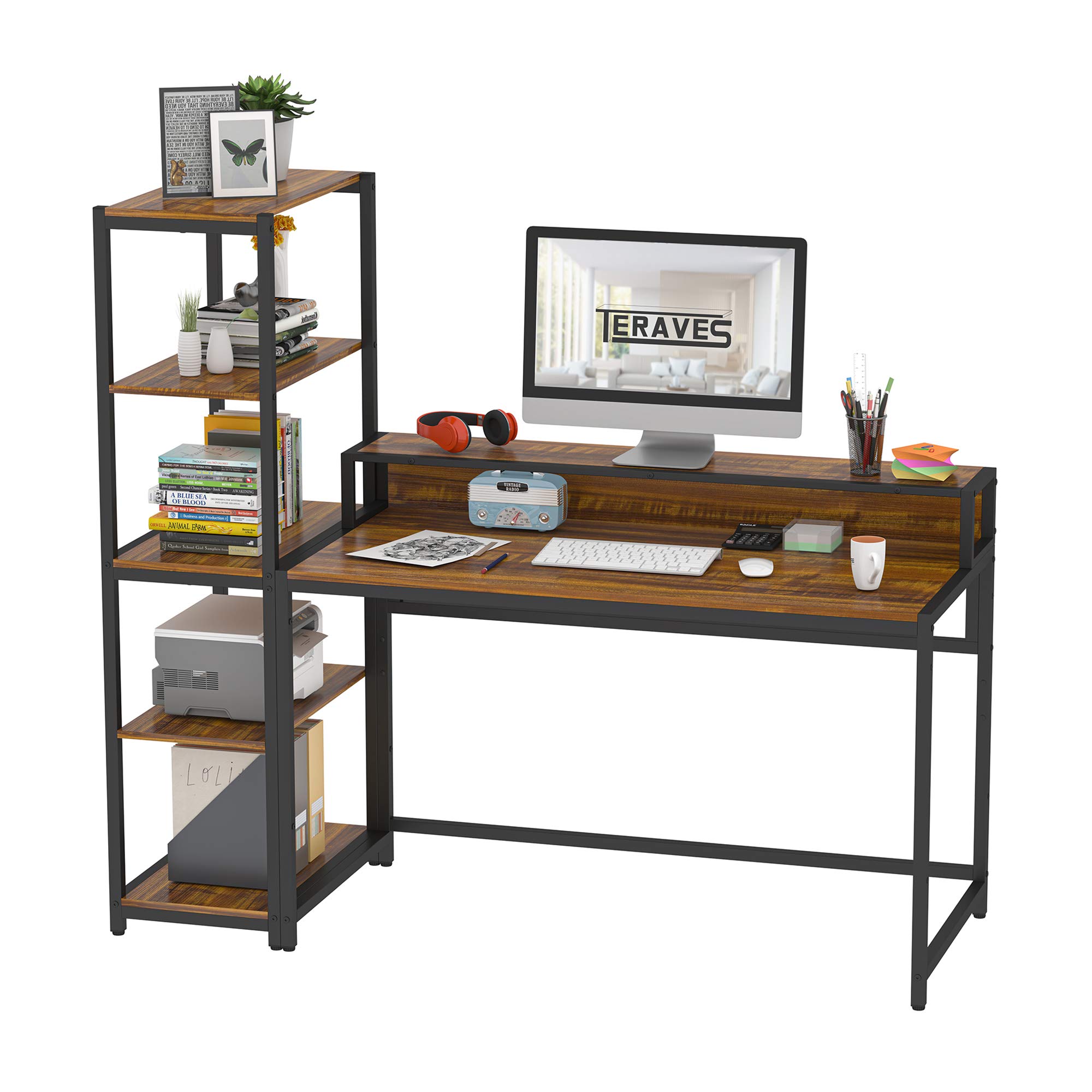Teraves 47 Inch Reversible Computer Desk with 5 Tier Shelves - Home Office Study Table with Storage & Bookcase, Solid Wood Writing Desk for Small Spaces (Teak, 31.49
