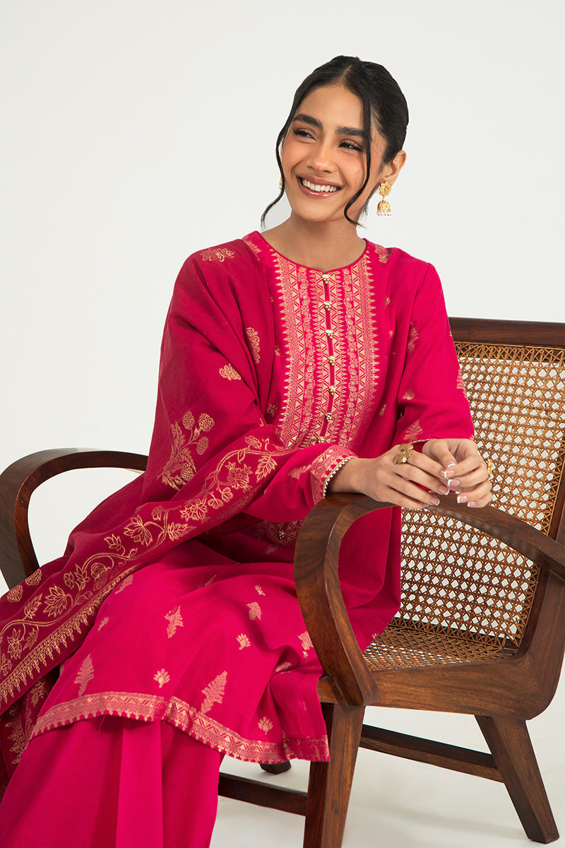 Majestic Charm B 3-Piece Cotton Jacquard Suit Set for Women - Elegant Ethnic Embroidered Outfit for Weddings, Parties & Special Occasions