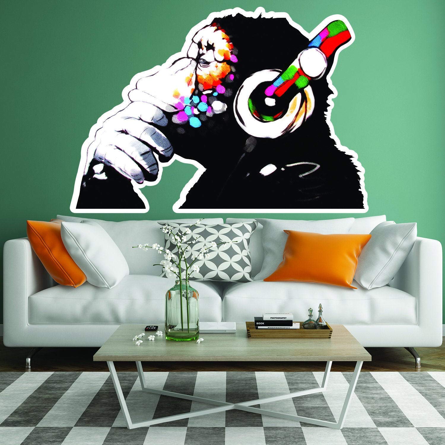 Banksy Thinking Monkey Sticker - High Quality Vinyl Wall Decal with Headphones | Street Art Graffiti Mural for Home & Office Decor | Perfect for Music Lovers & Urban Art Enthusiasts