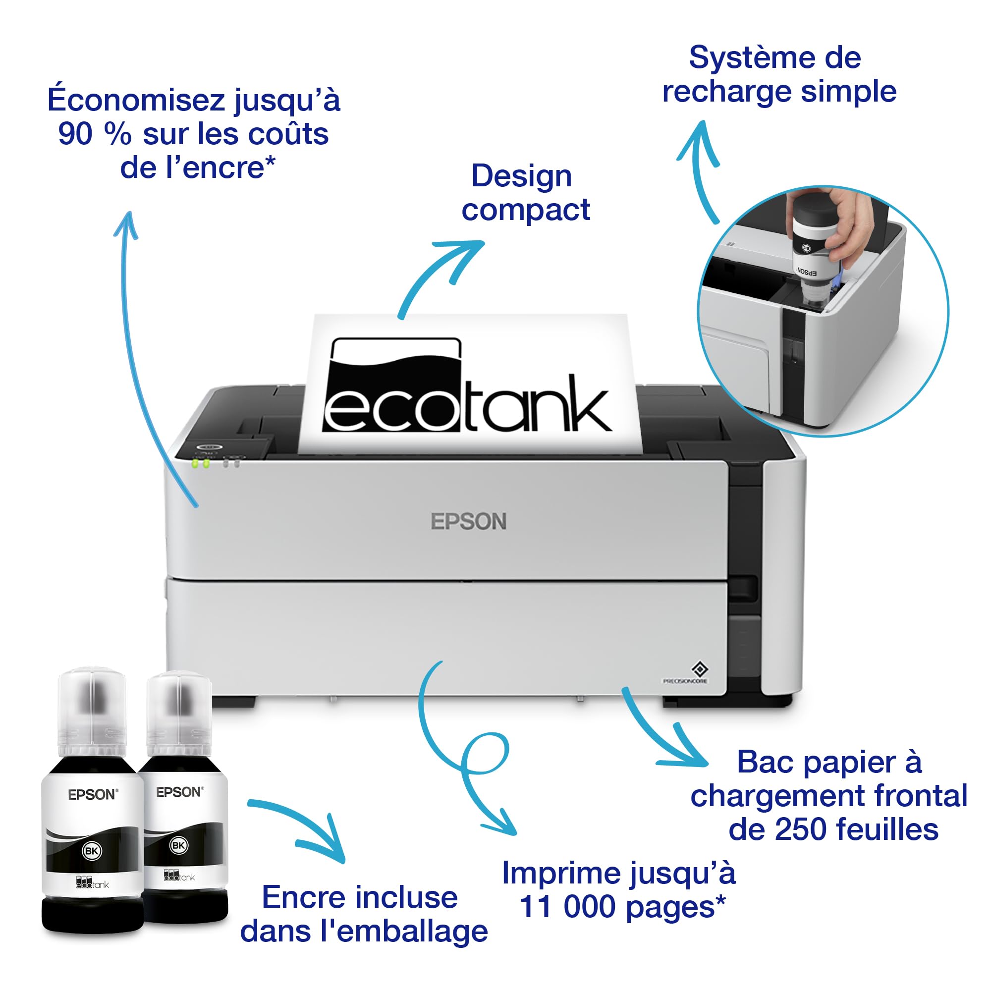 Epson EcoTank ET-M1170 Wireless Monochrome Inkjet Printer - High Capacity Tank, 90% Lower Printing Costs, 20ppm, Duplex Printing, Ethernet, 1-Year Warranty - Black | Ideal for Home Office & Small Business Printing Needs