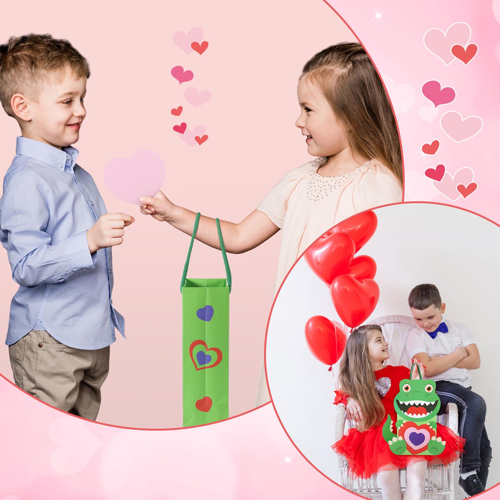 18 Pcs DIY Valentine's Day Paper Gift Bags for Kids - Cute Dinosaur Print Candy Bags with Handles, Classroom Party Favors, School Exchange Gifts, Valentine Crafts & Gift Wrapping Activities (Green) - Perfect for Valentine's Day Celebrations, Classroom Parties & Kids' Craft Activities