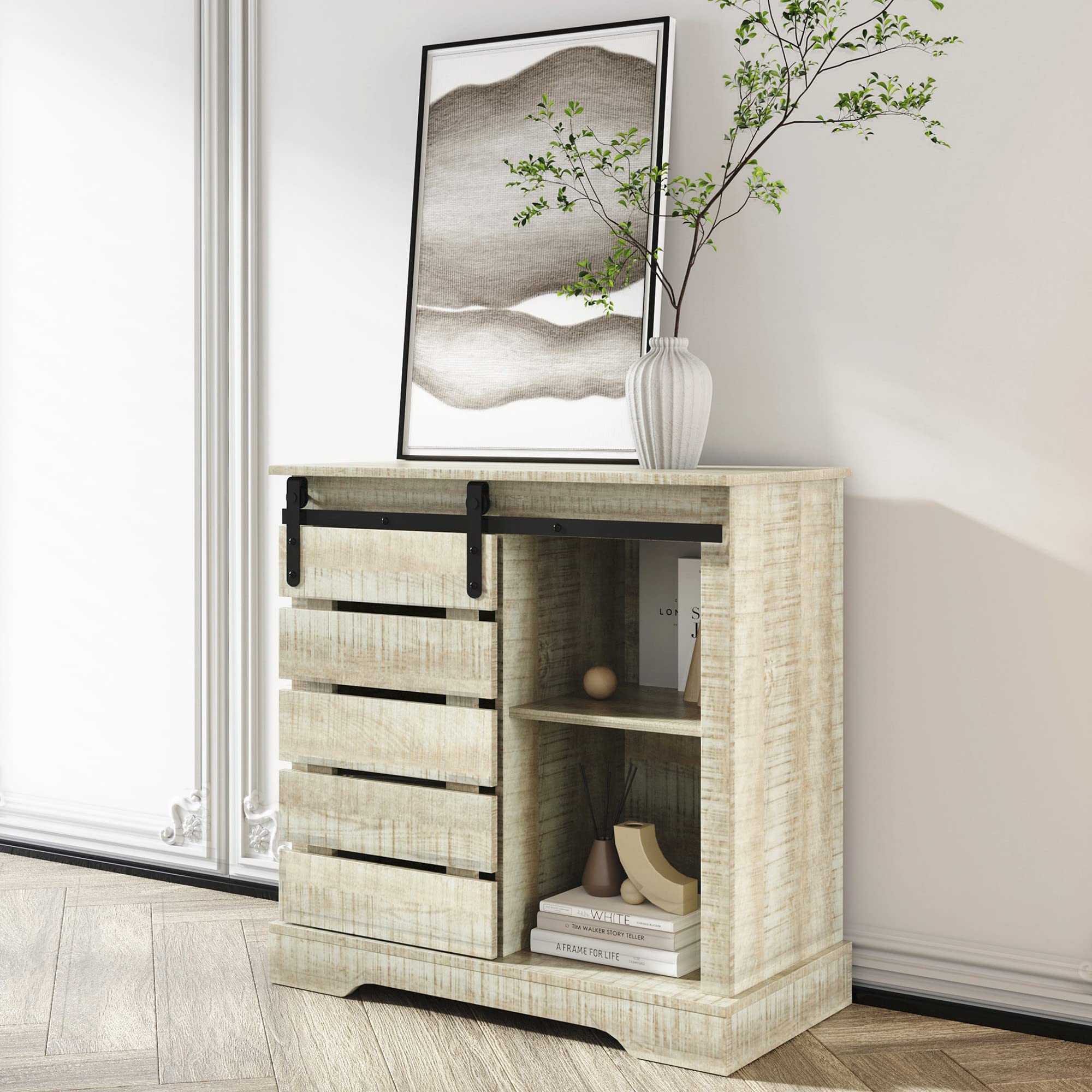 Farmhouse Style Recaceik Sideboard Buffet Cabinet with Sliding Barn Door & Adjustable Shelves - Entryway Console Table, Coffee Bar Storage for Living Room, Dining Room, Kitchen & Hallway - Perfect for Home Organization & Rustic Decor (Gray)