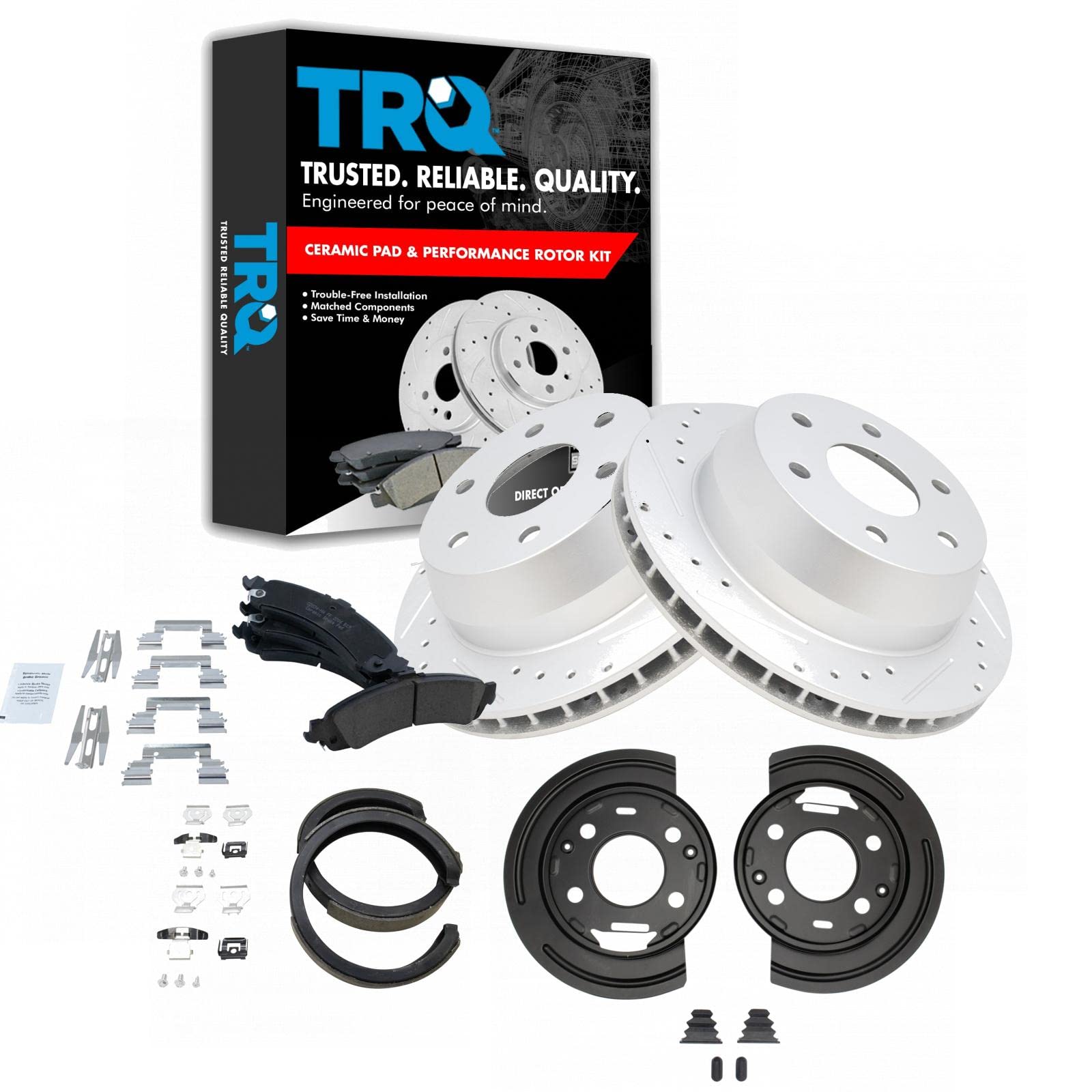 TRQ Rear Ceramic Brake Pads & Performance Rotors Kit - Premium Parking Brake Shoes & Backing Plates for Smooth Stopping Power | Perfect for Daily Commuting, Highway Driving & Performance Vehicles
