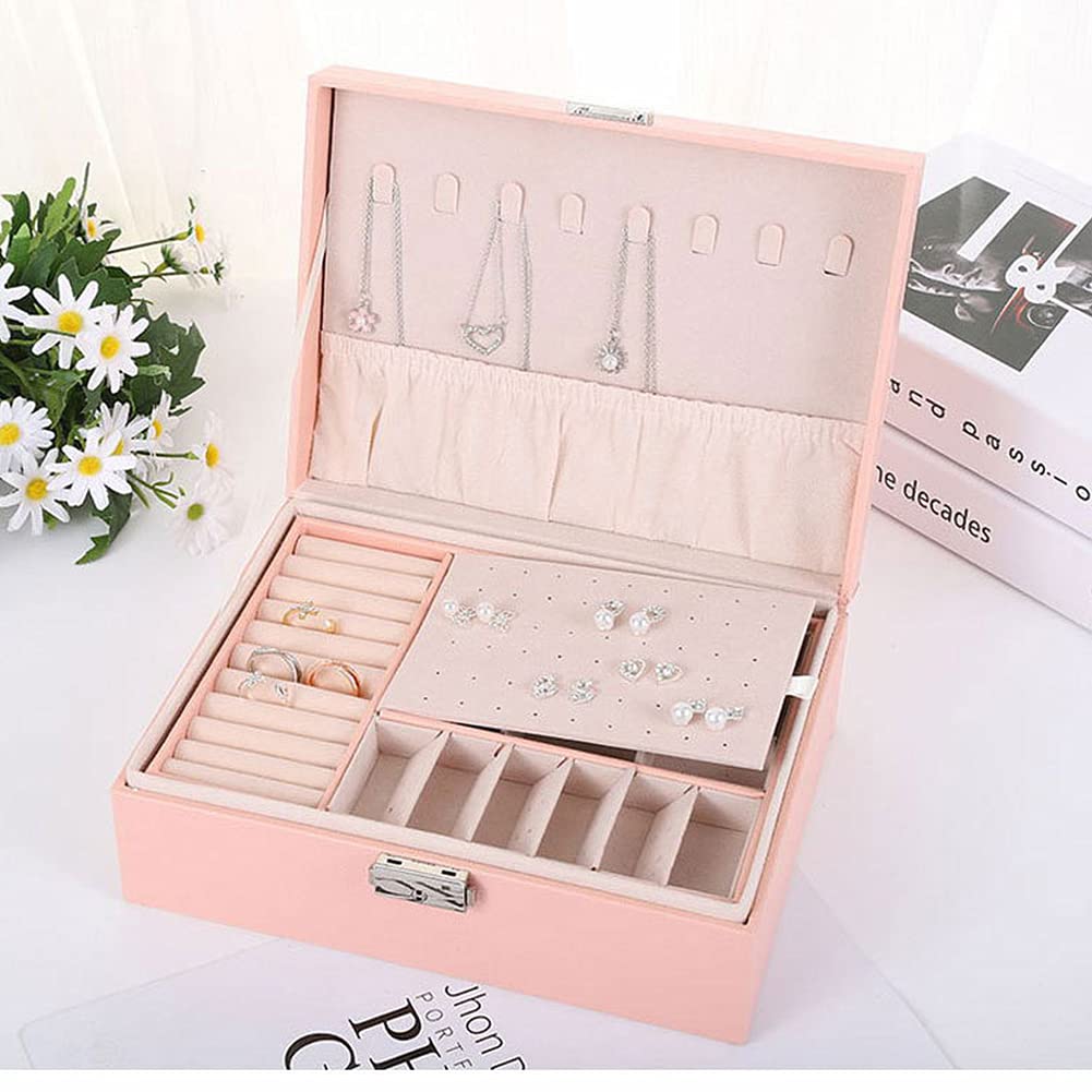 NuAngela Large 2-Layer Jewelry Box Organizer for Women & Girls - PU Leather Jewelry Storage Case with Removable Tray for Necklaces, Earrings, Rings, Bracelets - Perfect for Travel, Home Decor & Gift Giving (Pink)