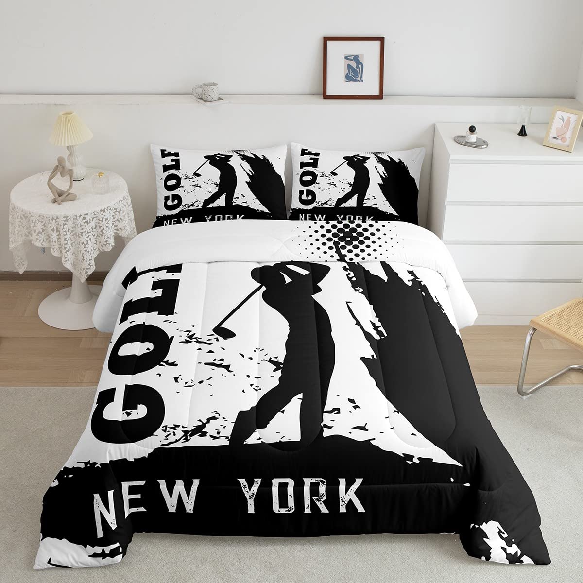 Erosebridal Golf Comforter Set Queen Size - 3 Piece Golf Ball Pattern Duvet Cover Set in Black & White | Sports Theme Bedding for Boys Room, Teens & Adults | Perfect Golf Lover Gift & Bedroom Decor for Men | Ideal for Game Rooms, Dorm Decor & Sports Enthusiast Gifts