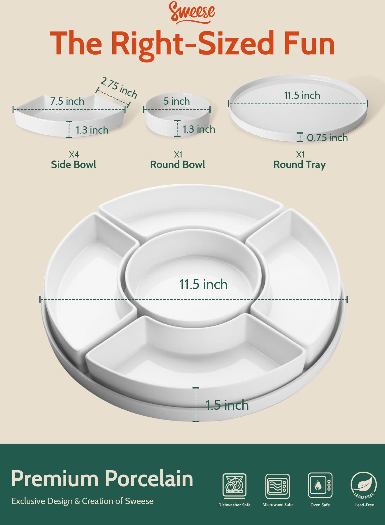 Sweese Porcelain Divided Serving Dishes - 3-Piece Relish Tray Set for Parties, Chips & Dip, Veggies, Candy & Snacks | Elegant White Serving Bowls for Entertaining, Appetizers & Holiday Gatherings