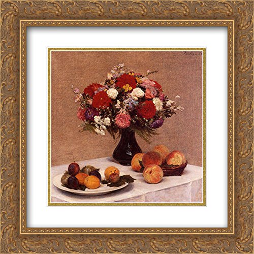20x20 Gold Ornate Frame with Double Matted Museum Art Print - Floral and Fruit Still Life by Ignace Henri Jean Fantin-Latour | Perfect for Living Room, Dining Room, or Office Wall Decor