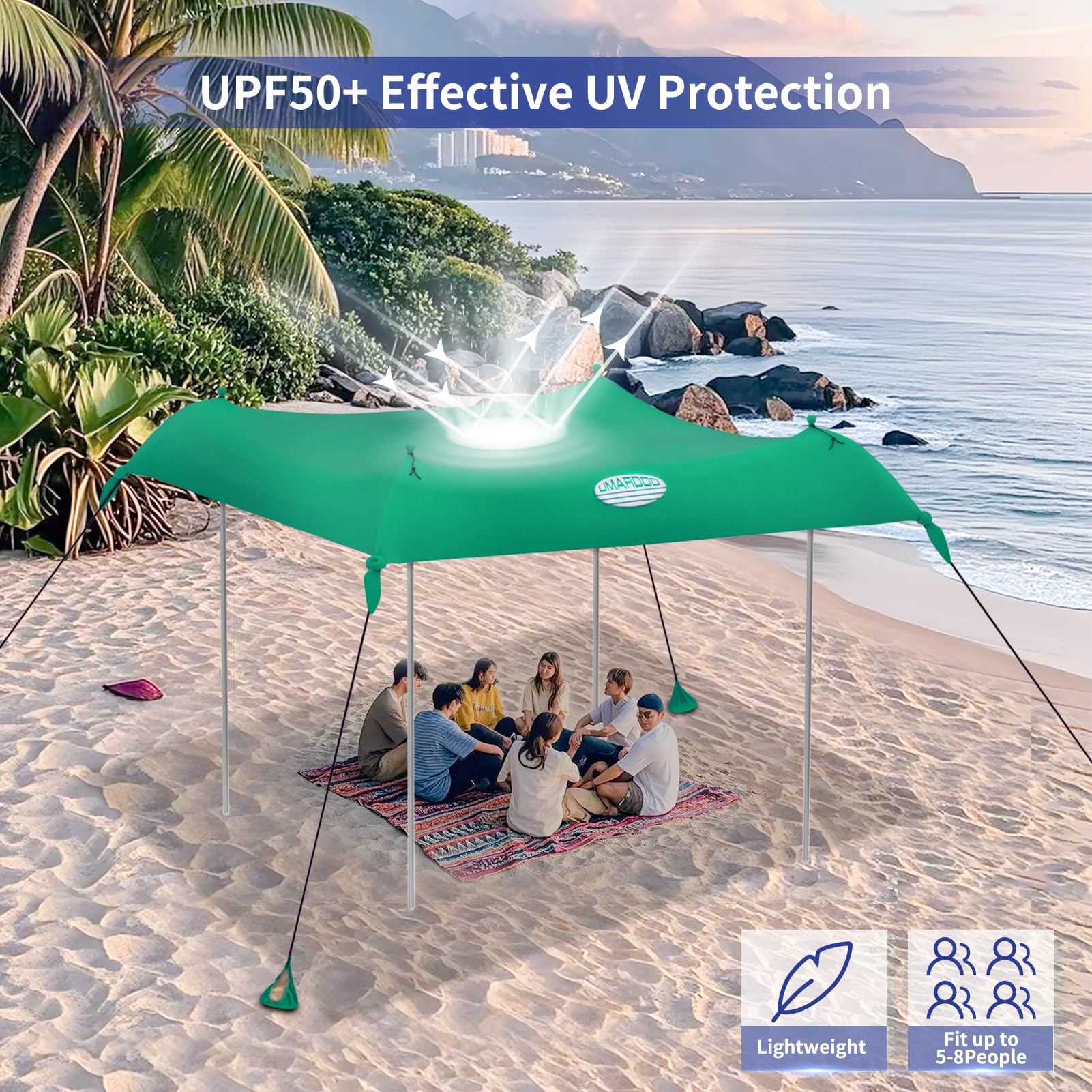UMARDOO 10x10 FT Portable Beach Tent - Easy Setup Sun Shelter with Carry Bag, Compact & Lightweight for Family Outdoor Travel, Picnics, Camping & Beach Days (Green, 4 Poles)