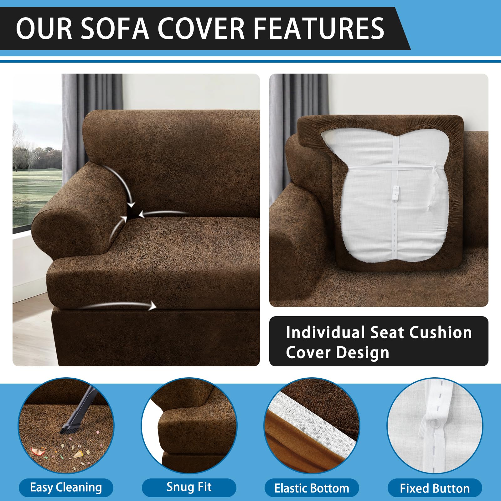 3-Piece T-Cushion Loveseat Slipcovers - Faux Leather Sofa Cover for 2-Cushion Couches - Stretchable Furniture Protector with 2 Individual Seat Covers (Brown) - Perfect for Living Room, Office, and Apartment Decor