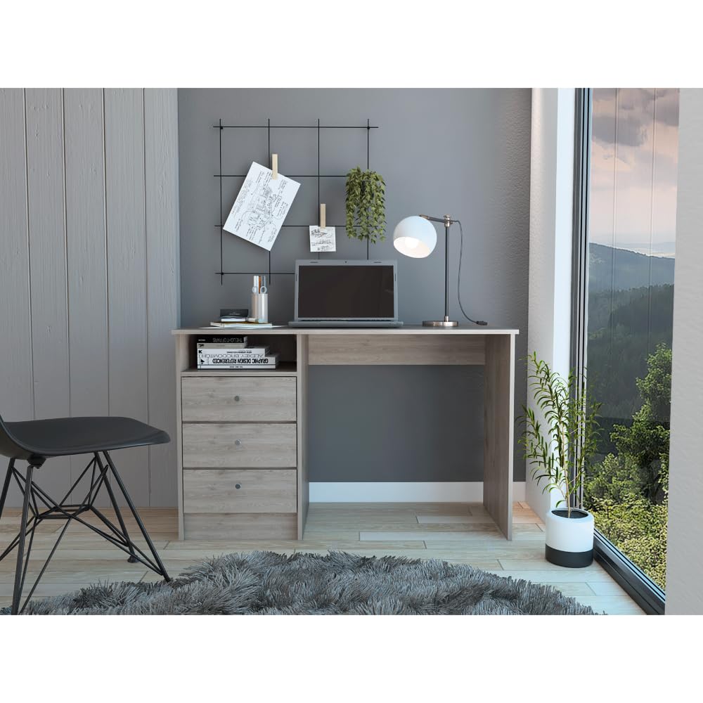 Tuhome Andalucia 3-Drawer Computer Desk with Shelf - Light Gray Home Office Desk for Small Spaces, Study & Workstation
