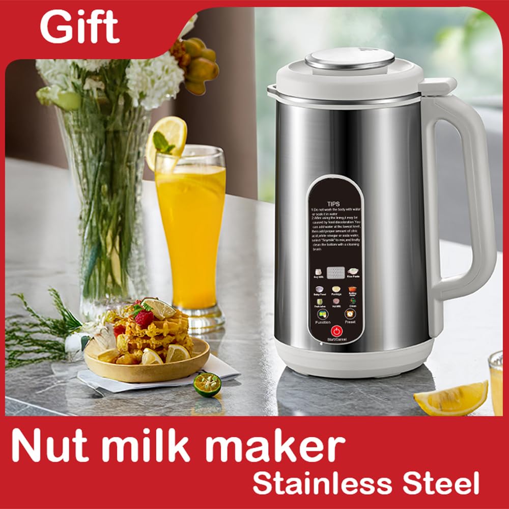 Premium Stainless Steel Nut Milk Maker - 40oz Plant-Based Milk Machine for Almond, Cashew, Hazelnut, Pecan, Oat, Coconut, Soy, Quinoa & Pistachio - 12H Timer, Self-Cleaning, LED Display - Perfect for Vegan, Keto & Healthy Homemade Milk