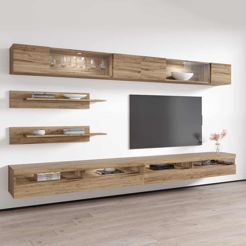 Modern Floating TV Stand with Storage & LED Lights - Wall-Mounted Entertainment Center for Bedroom & Living Room - Oak Wood TV Console with Shelves - Perfect for Small Spaces & Home Theater Setup