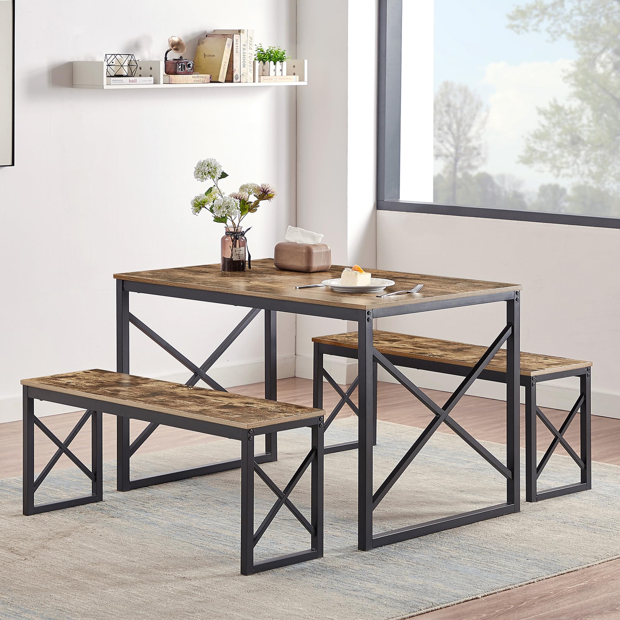 VECELO 4-Person Wooden Dining Table Set with 2 Benches - Metal Frame Kitchen Table for Breakfast Nook, Small Space & Compact Apartments - Brown (Perfect for Family Meals, Coffee Time & Small Kitchen Dining)