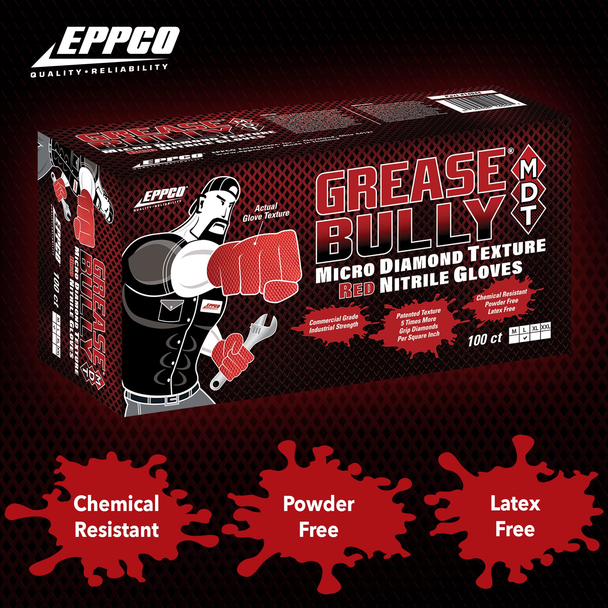 **EPPCO Grease Bully 7-Mil Red Nitrile Gloves - Disposable, Powder-Free, Latex-Free, Textured Grip - Heavy-Duty Mechanic Gloves for Automotive, Industrial & DIY Use**