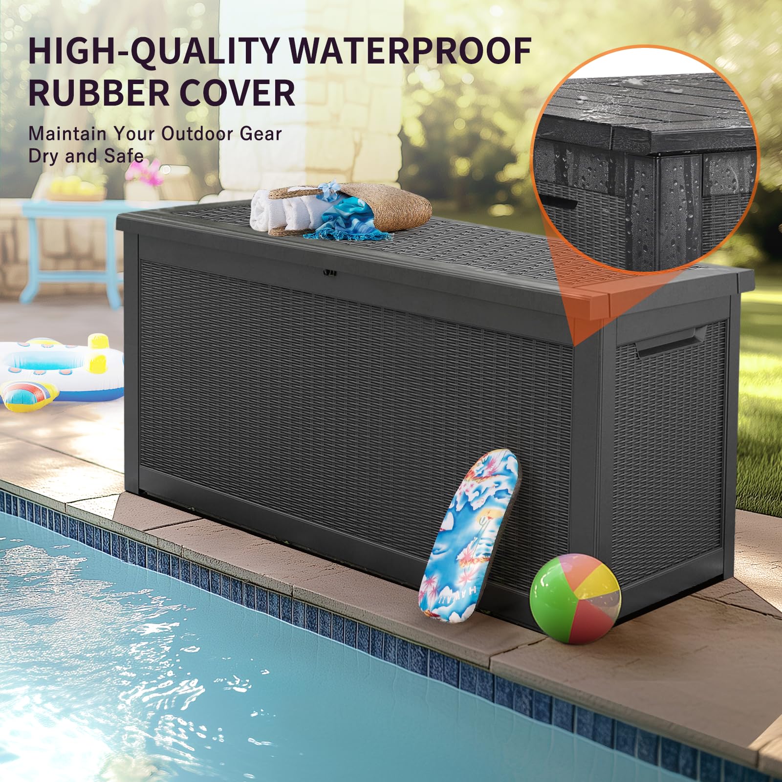 260 Gallon Outdoor Storage Box - Waterproof Resin Deck Box with Lockable Lid - Large Patio Furniture Storage for Cushions, Pool Supplies & Garden Tools - Weatherproof Black Deck Box for Backyard, Poolside & Garden Organization