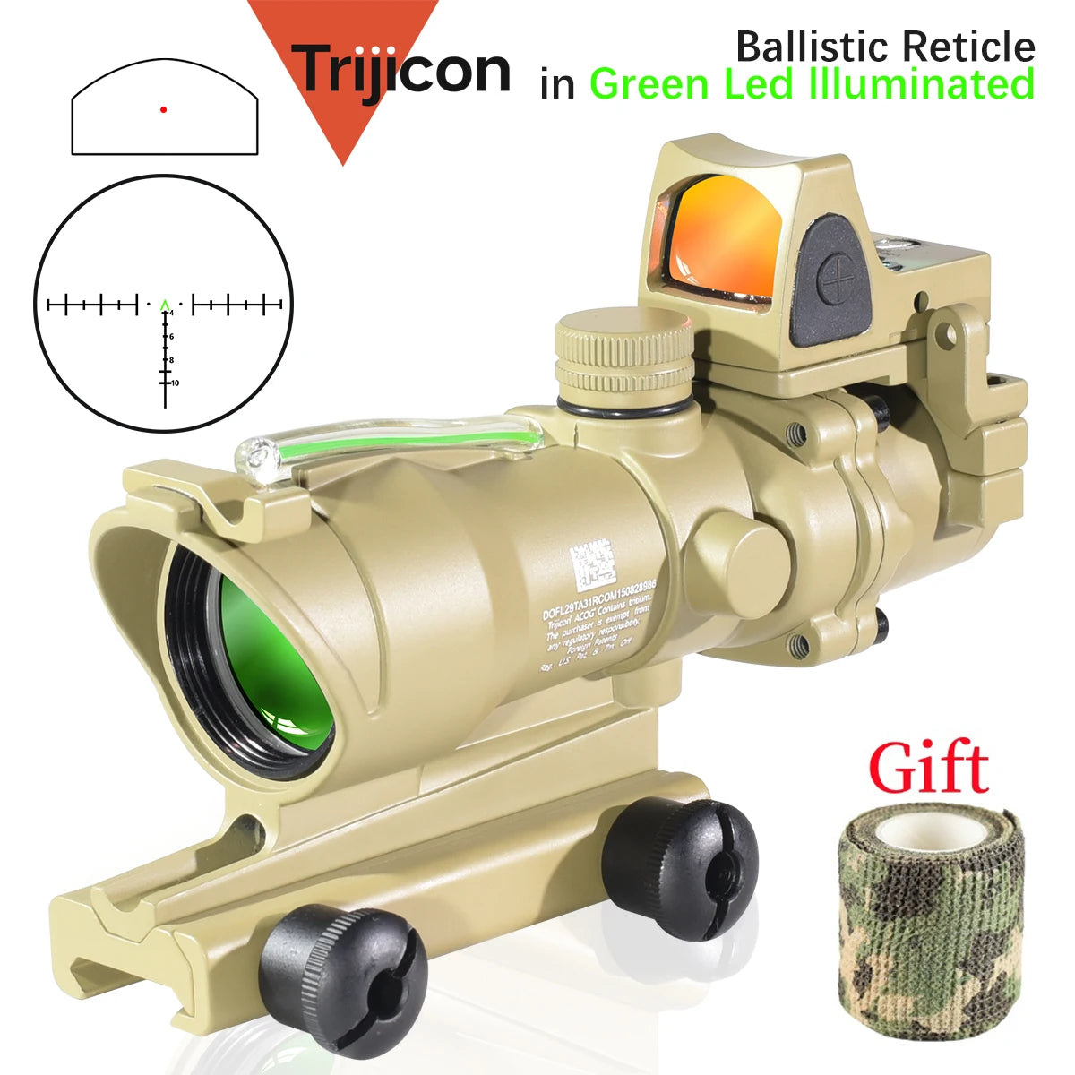 Trijicon 4x32 ACOG Scope with Red/Green Fiber Optic & Etched Reticle - Tactical Rifle Sight with RMR Red Dot for Airsoft & Hunting | Perfect for Close Quarters Combat & Long-Range Shooting