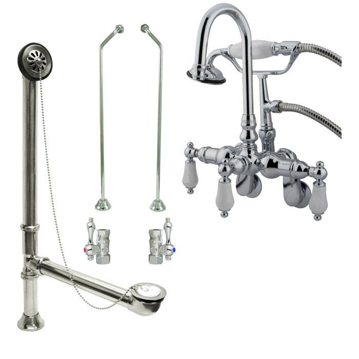 Chrome Wall Mount Clawfoot Bathtub Faucet with Hand Shower and Drain Stops - CC306T1 System for Vintage Bathroom Renovation & Spa Relaxation