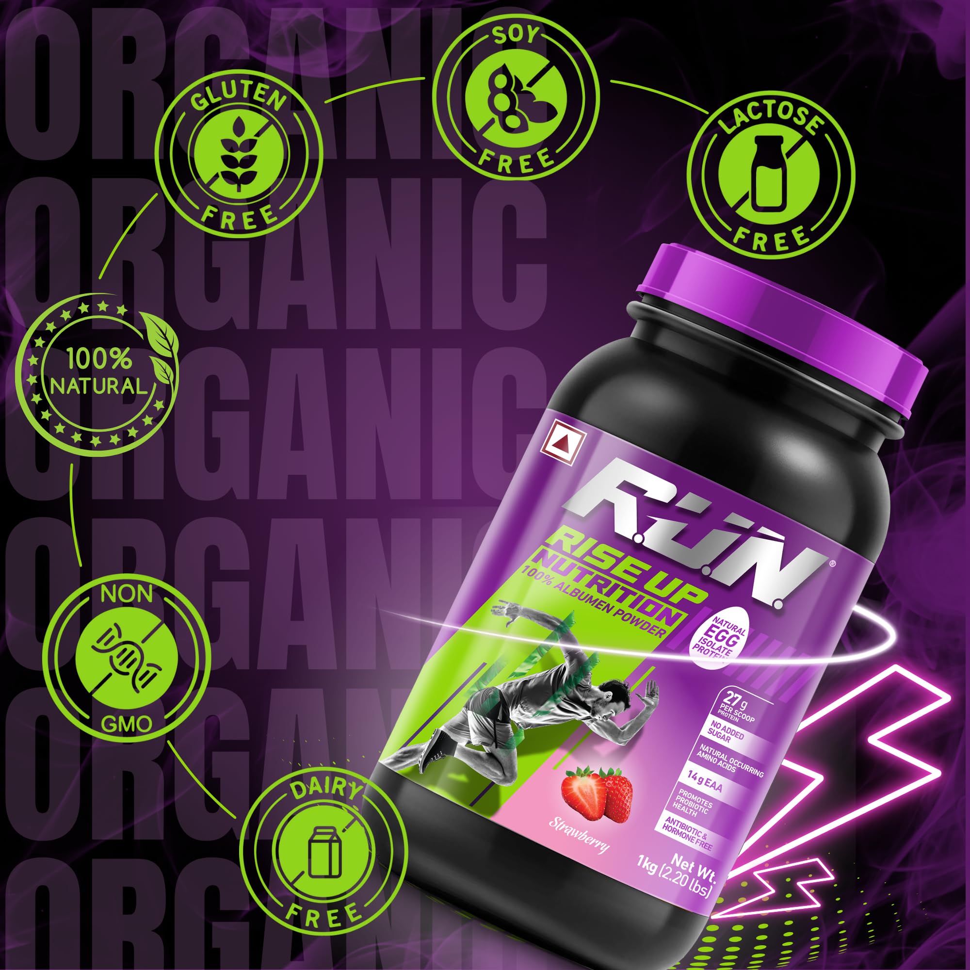 R.U.N-RISE UP NUTRITION Egg White Protein Powder - 27g Protein & 14g EAA | Lactose, Soy & Gluten Free | Strawberry Flavor - 1kg for Athletes, Gym & Fitness | Supports Immunity & Muscle Recovery - Perfect for Post-Workout Shakes & Smoothies