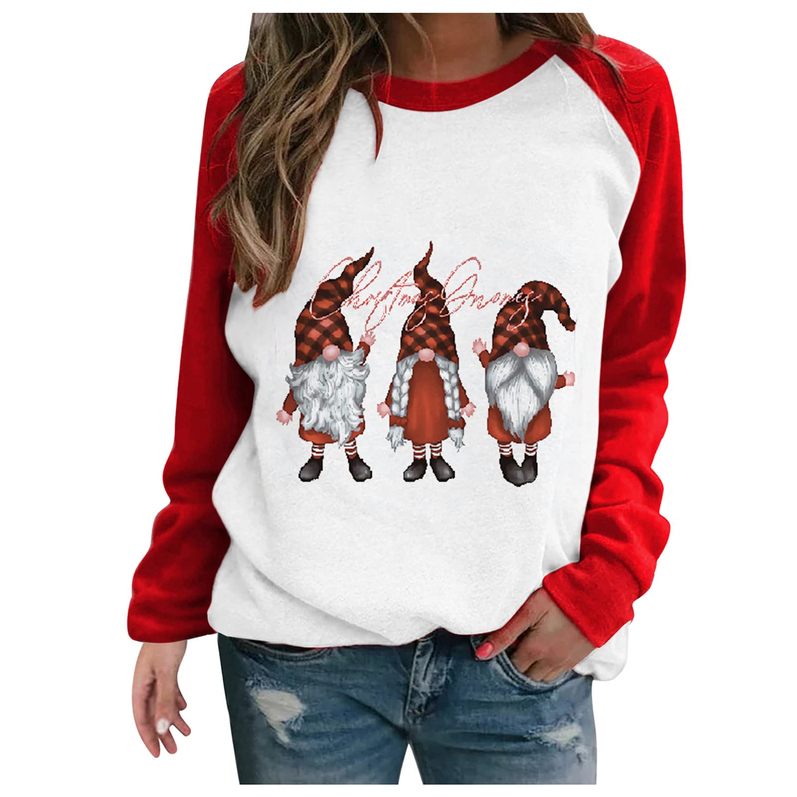Festive Christmas Shirts for Women - Cozy Long Sleeve Santa & Elk Printed Crewneck Tops - Perfect for Holiday Parties, Winter Gatherings & Casual Fall Fashion
