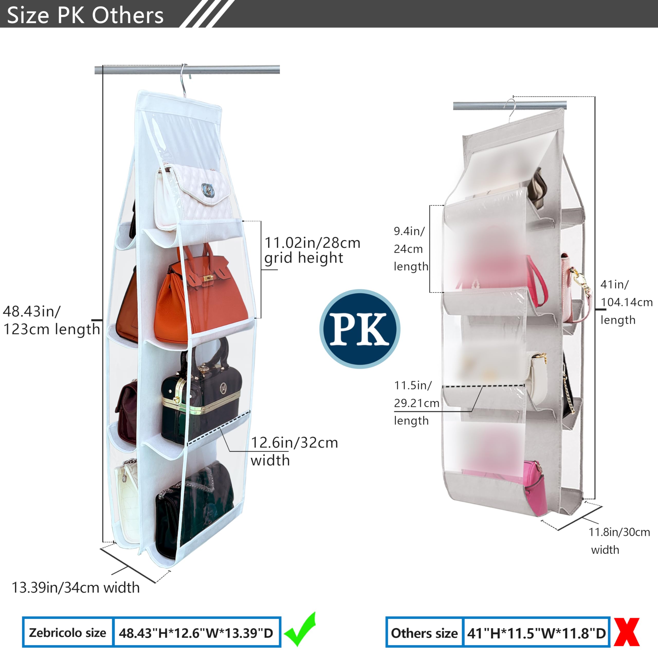 2 Pack Large Purse Organizer with 8 Pockets & Thick Metal Hooks - Premium Handbag Organizer & Purse Hanger in White | Perfect for Travel, Work & Everyday Use