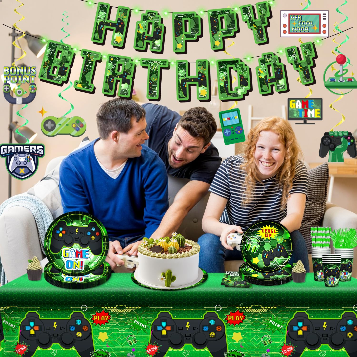 159-Piece Video Game Birthday Party Decorations Set - Includes Banner, Plates, Tablecloth & More - Gamer Themed Party Supplies for Boys - Serves 25 Guests (Green) - Perfect for Gaming Birthday Parties, Teen Celebrations & Esports Themed Events