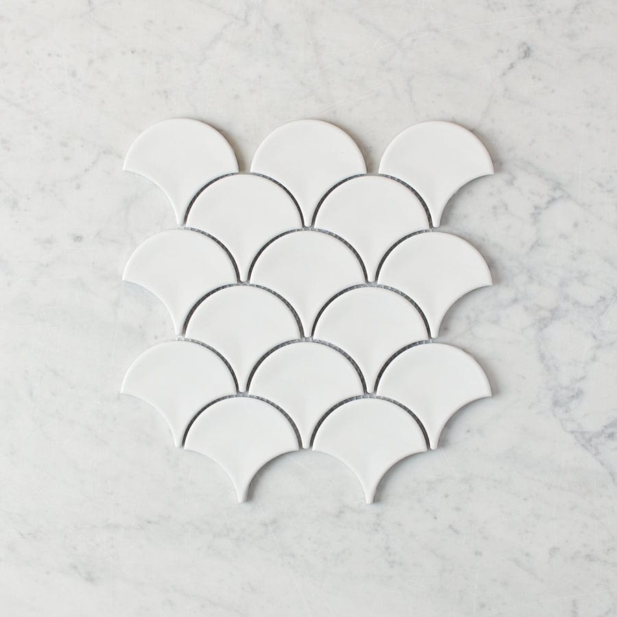 Premium Coral Bay Gloss White Fish Scale Tile - Waterproof Ceramic Wall & Floor Tile for Bathroom, Kitchen Backsplash, and Pool Designs