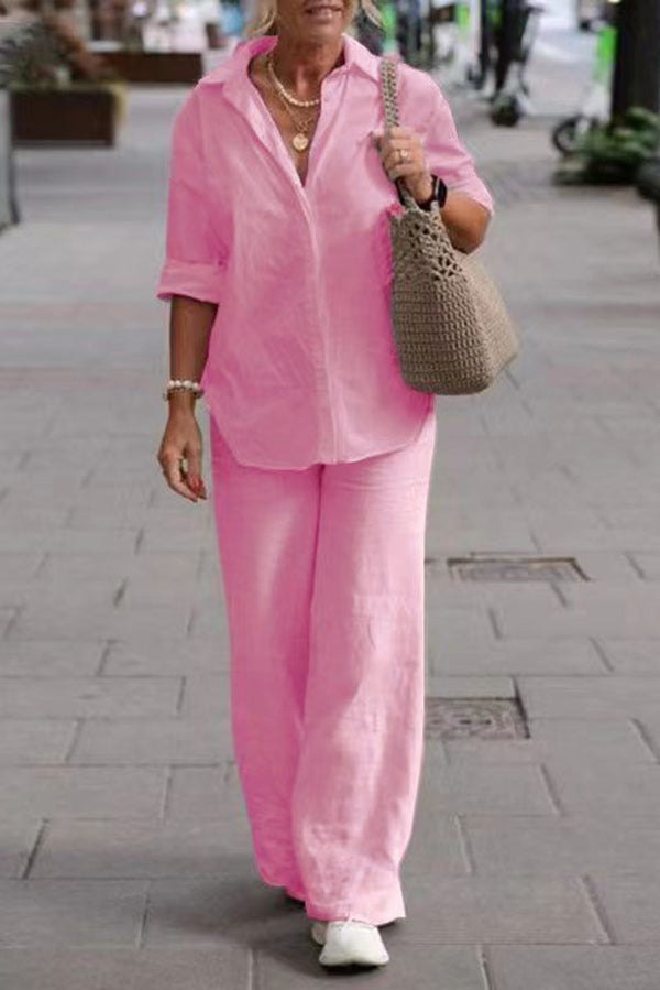Stylish Solid Color Casual Long Sleeve Shirt & Elastic Waist Loose Wide Leg Pants Set for Women - Perfect for Office, Travel and Everyday Wear