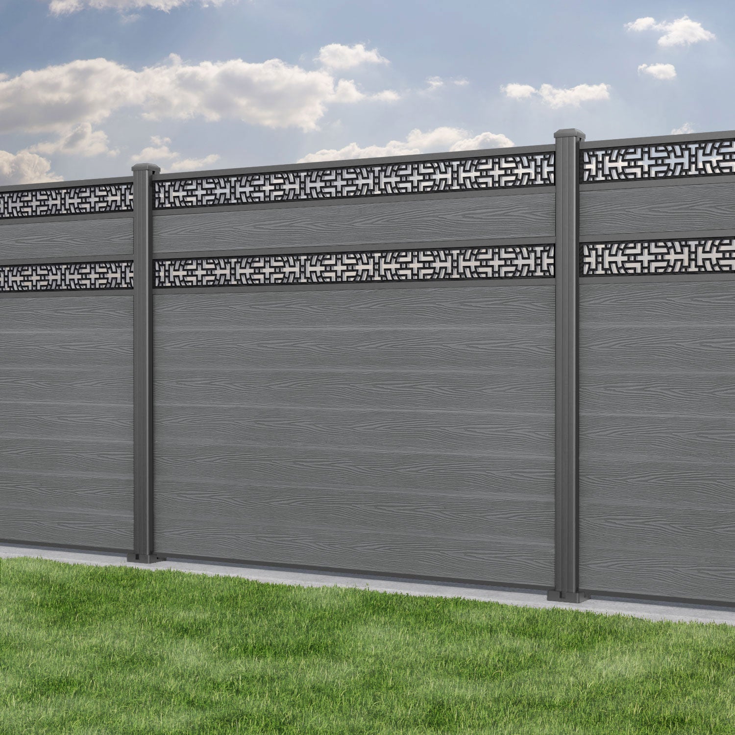Classic Kumo Split Screen Fence Panel - Mid Grey Aluminum Privacy Fence with Sturdy Posts for Backyard, Garden, and Patio Decoration