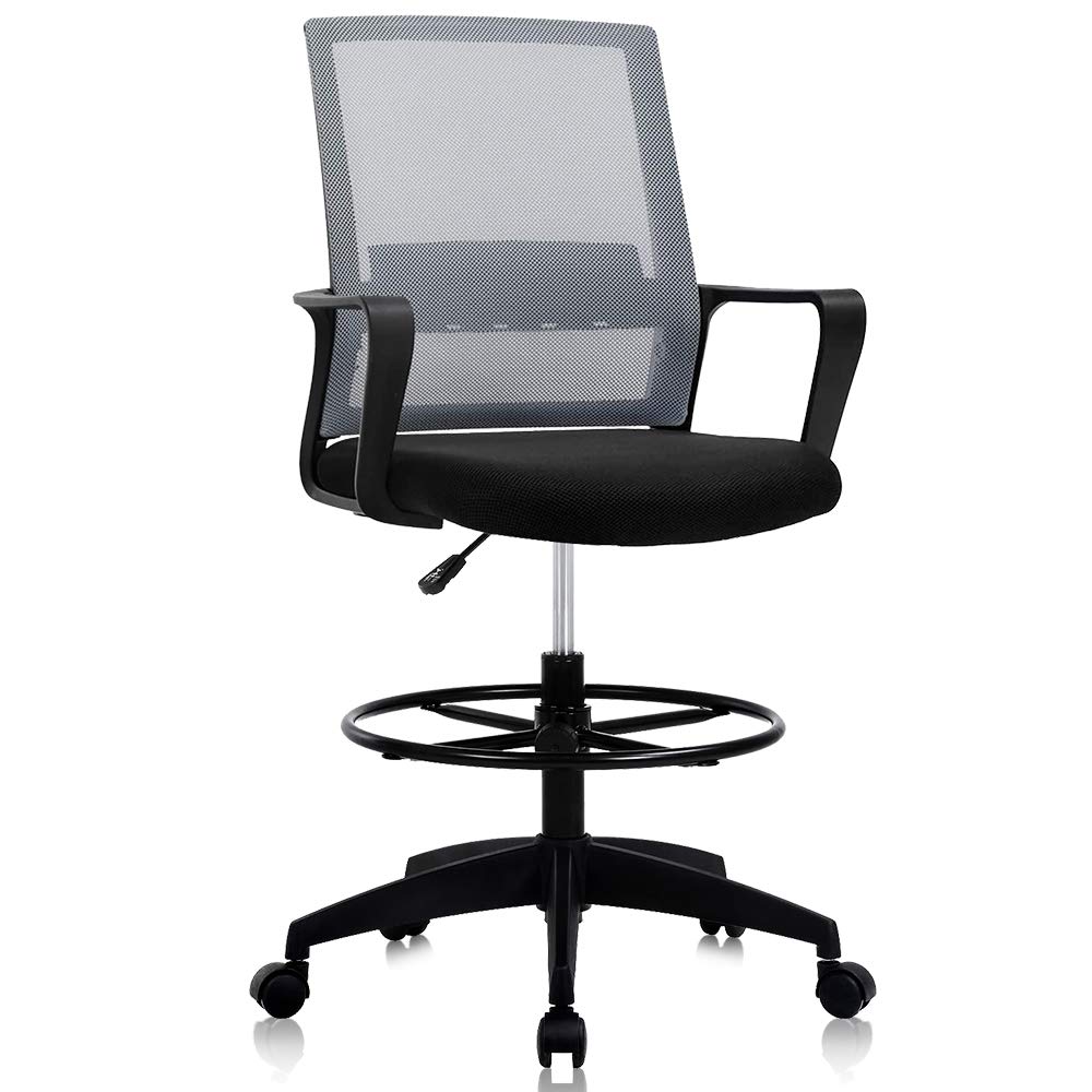 Ergonomic Adjustable Height Drafting Chair - Tall Office Chair with Lumbar Support & Foot Ring for Standing Desks - Mid Back Mesh Executive Swivel Task Chair with Rolling Wheels (Grey) - Perfect for Architects, Designers & Home Office Workspaces