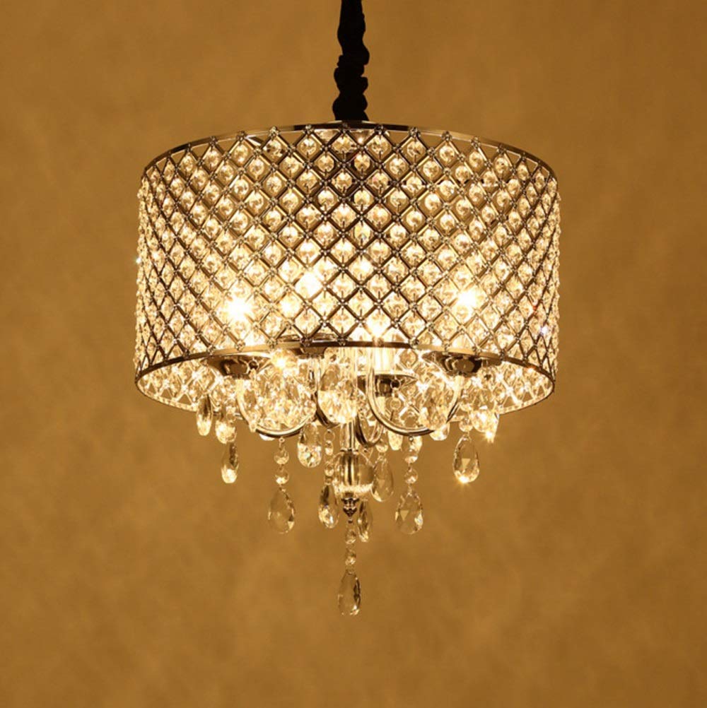 ZKS-KS 4-Light Modern Crystal Chandelier LED Ceiling Light Fixture - Round Feather Design with Crystal Drops, E14 Bulb Base - Perfect for Dining Room, Living Room, Bedroom & Home Decor Lighting