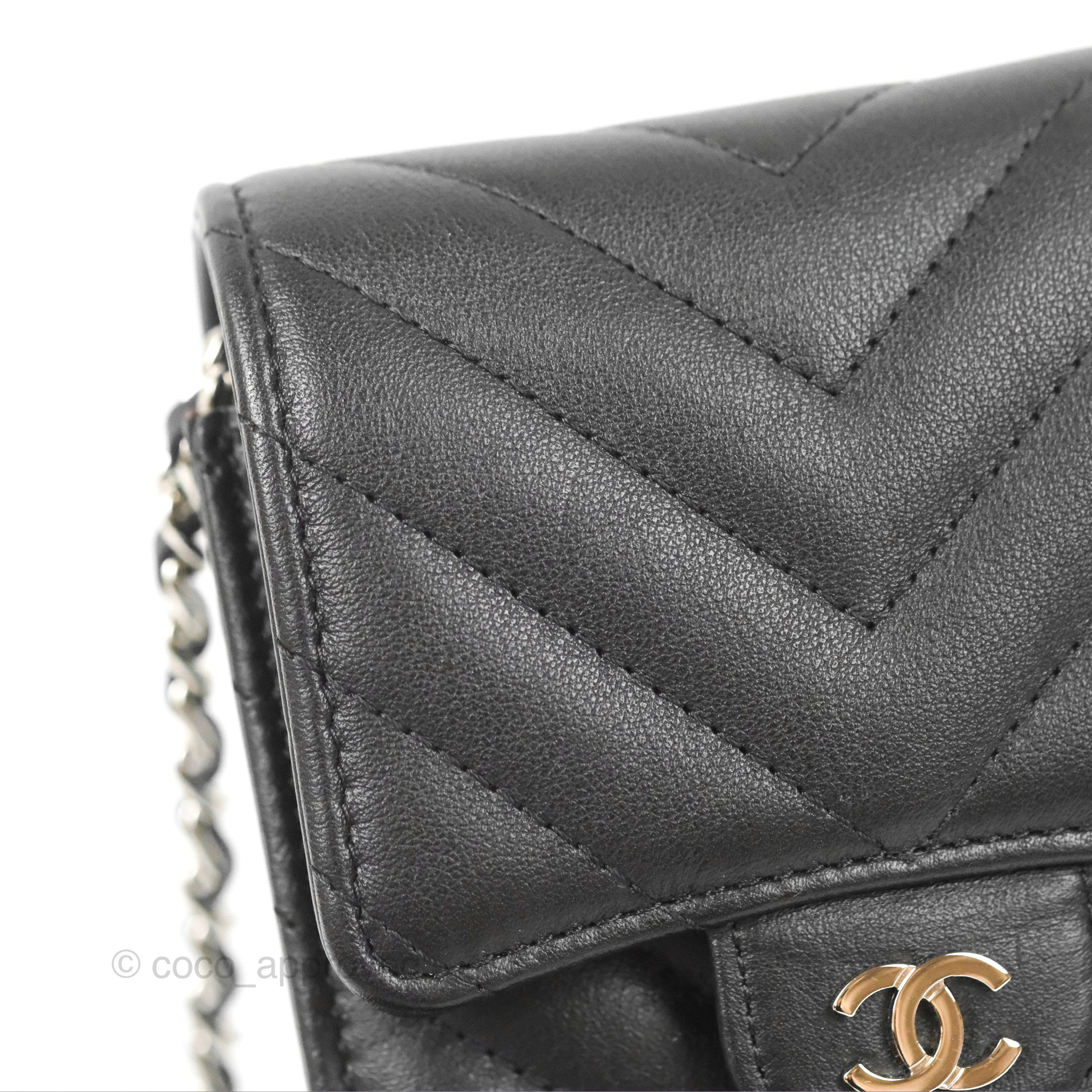 Chanel Classic Chevron Phone Holder - Black Calfskin with Silver Hardware | Luxury Phone Accessory for iPhone & Samsung | Perfect for Office, Travel & Daily Use