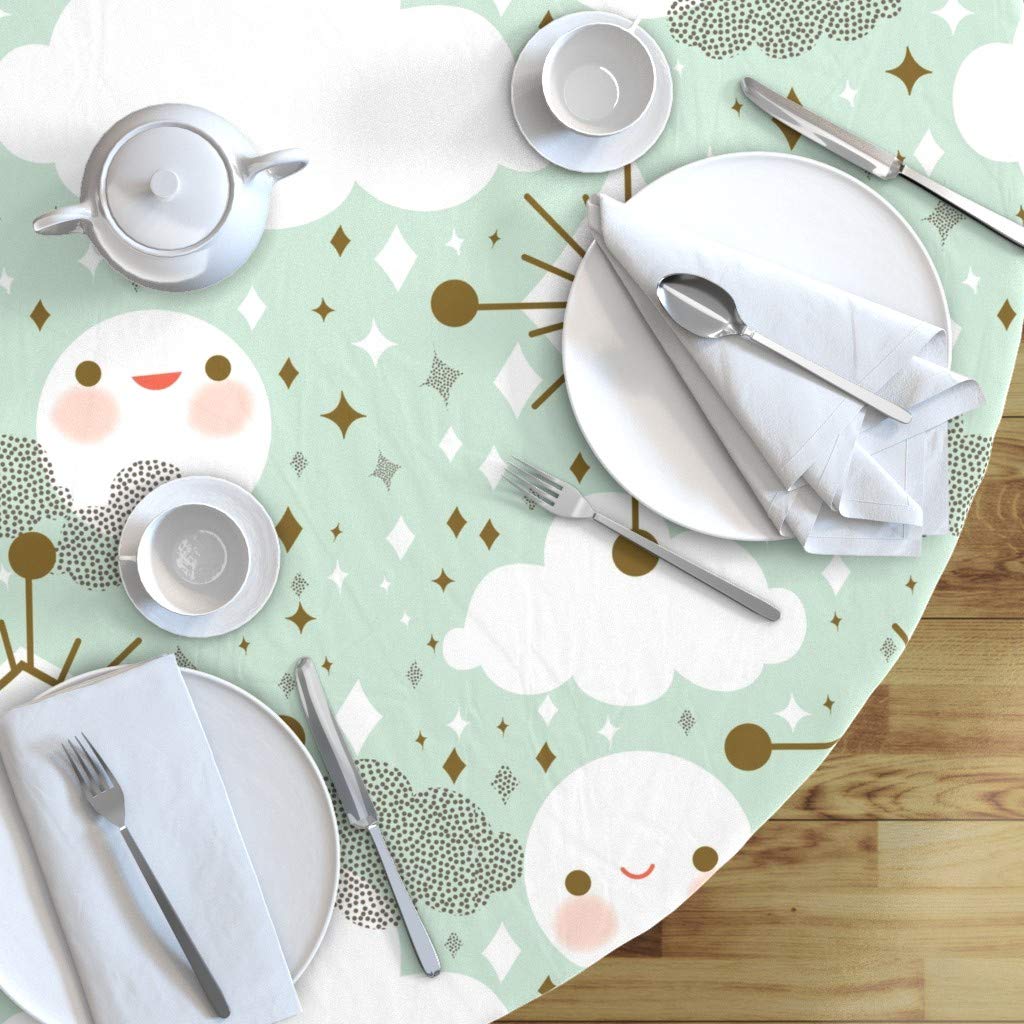 Custom Moon Clouds Retro Kawaii Nature Print Cotton Sateen Tablecloth - 70 Inch Round Vintage Inspired Table Linens for Nursery, Dining Room & Mid Century Modern Decor