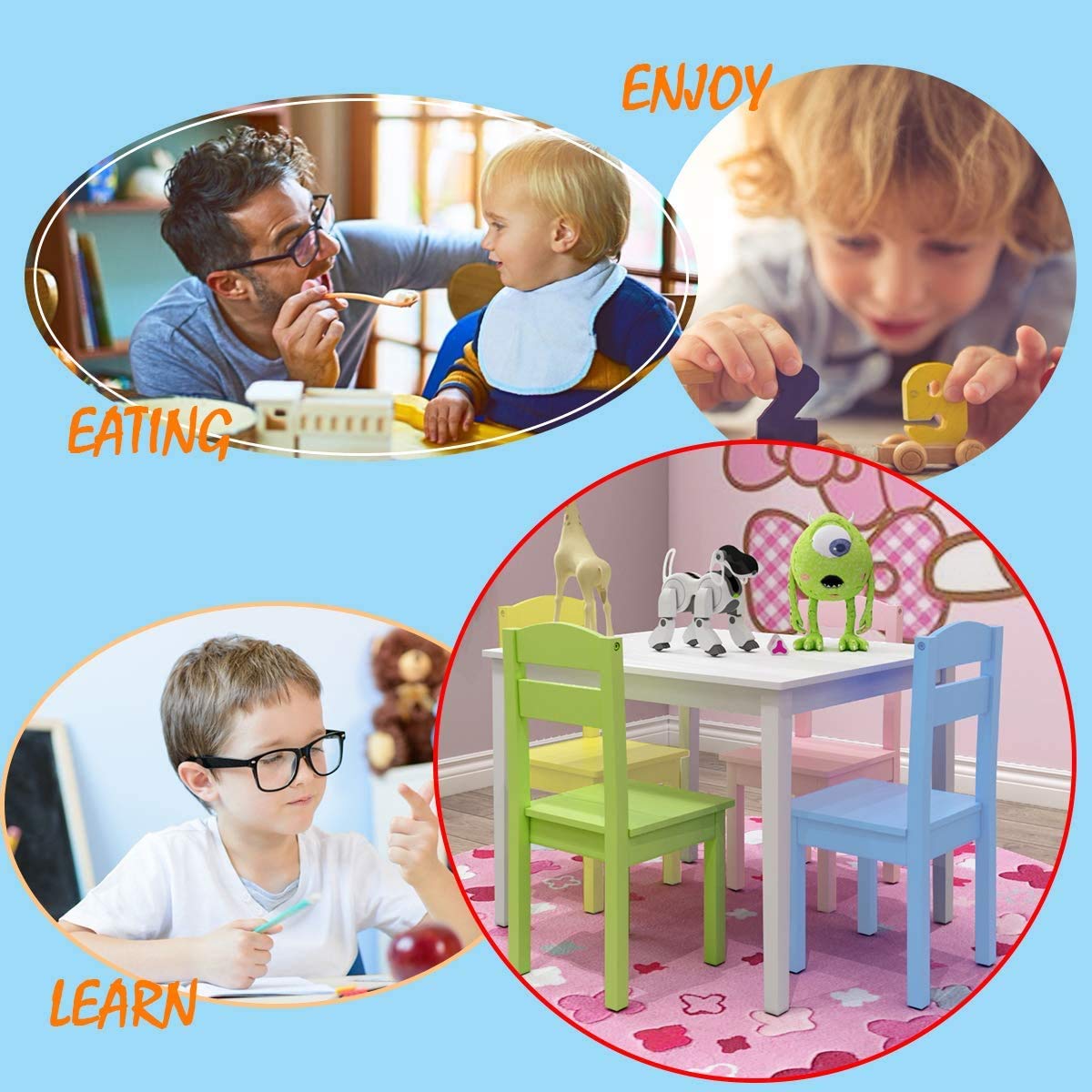 LDAILY Moccha 5-Piece Kids Wooden Table and Chair Set - Colorful Children's Dining Table with 4 Sturdy Backrest Chairs - Perfect for Playroom, Learning Activities, Indoor Picnic & Toddler Mealtime