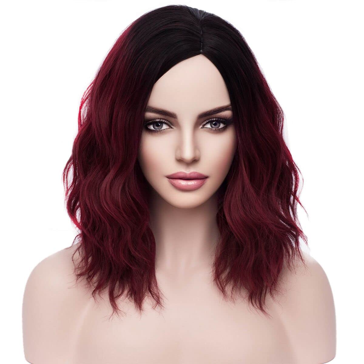 MAGQOO Burgundy Synthetic Heat Resistant Wig - Short Curly Wavy Dark Red Wig with Dark Roots & Ombre Effect for Women | Perfect for Cosplay, Halloween, Parties & Daily Fashion Styling