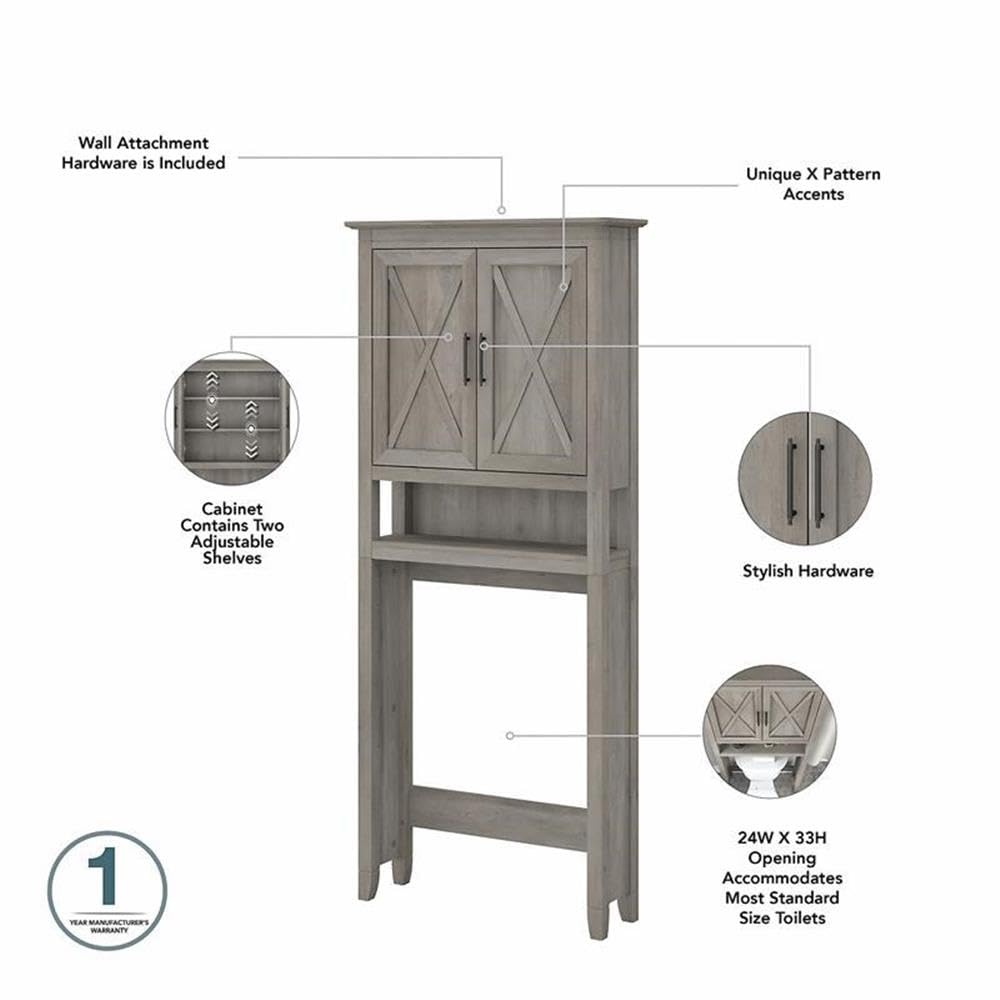 Bush Furniture Key West Over The Toilet Storage Cabinet - Driftwood Gray Bathroom Organizer for Towels, Toiletries & Linens | Space-Saving Solution for Small Bathrooms