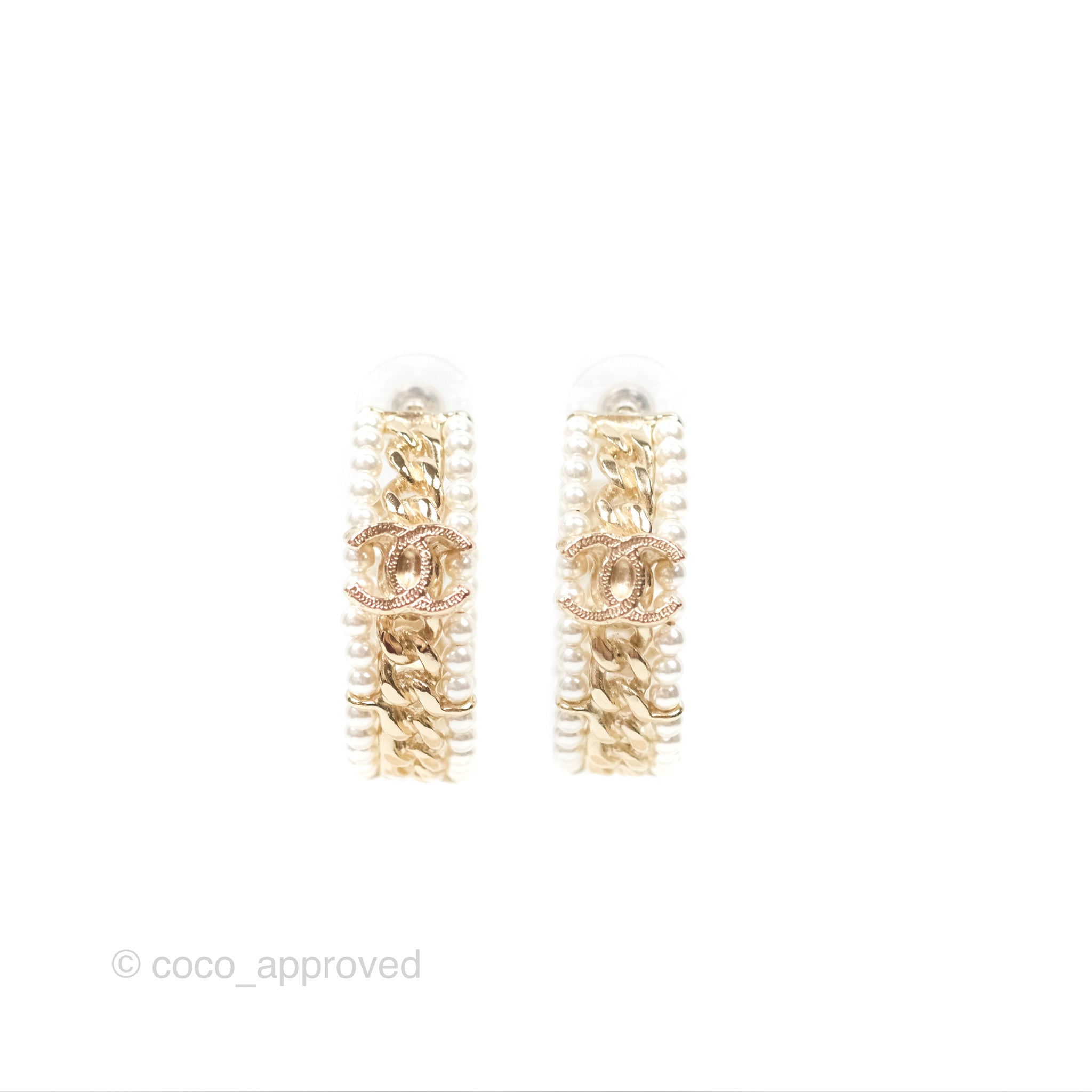 Chanel CC Pearl Hoop Earrings in Gold Tone - Luxury Fashion Jewelry for Women | Perfect for Parties, Weddings & Special Occasions