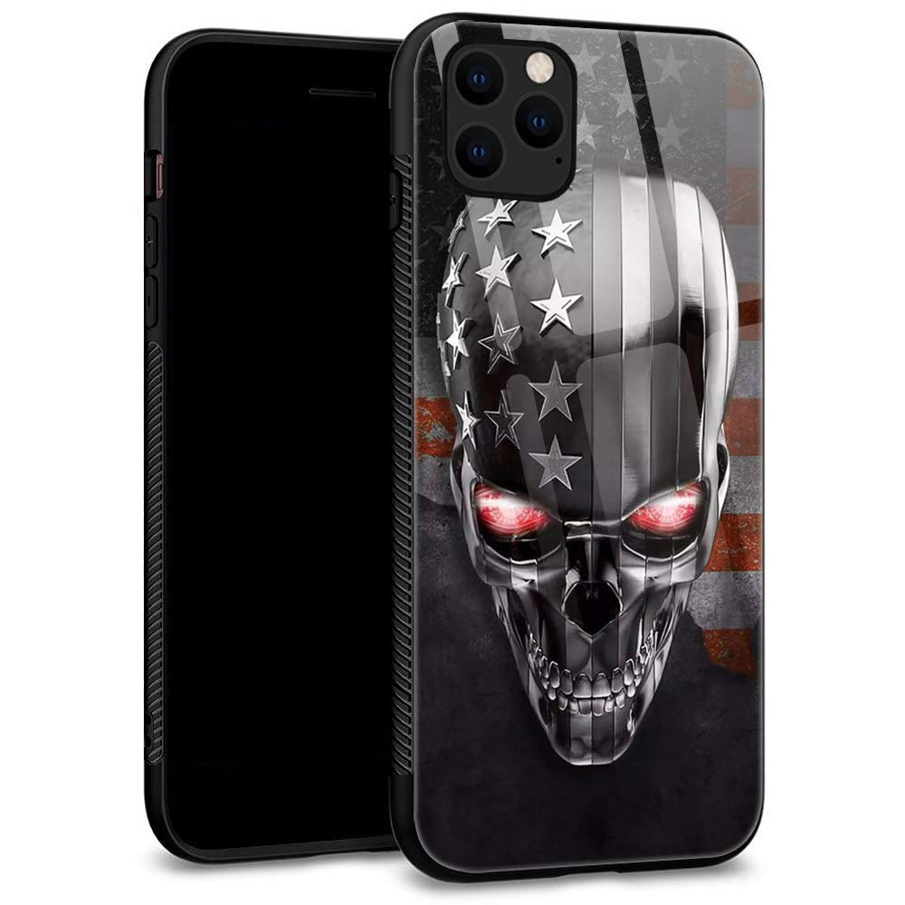 Premium iPhone 11 Case with Tempered Glass Back & Soft TPU Bumper - 6.1 Inch Shockproof Protective Cover (Silver Flag Skull Design) - Perfect for Daily Use, Travel, and Outdoor Activities