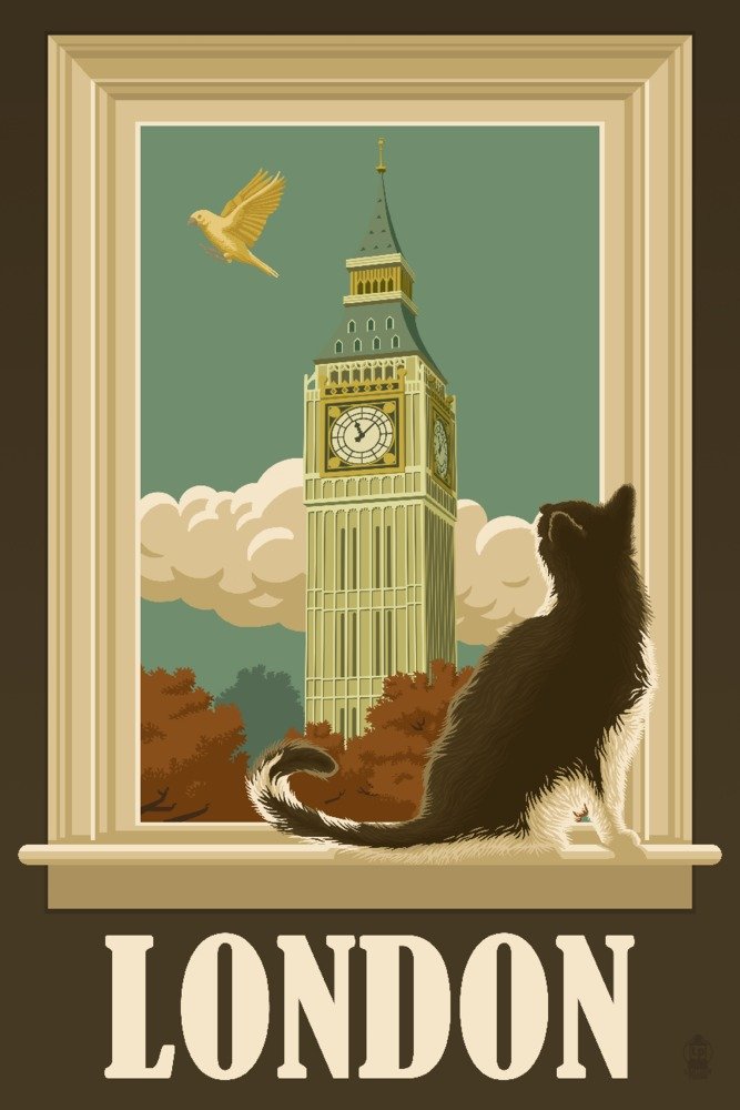 Big Ben and Cat Window London England Art Print - 24x36 Signed Wall Decor Poster for Living Room, Bedroom & Office
