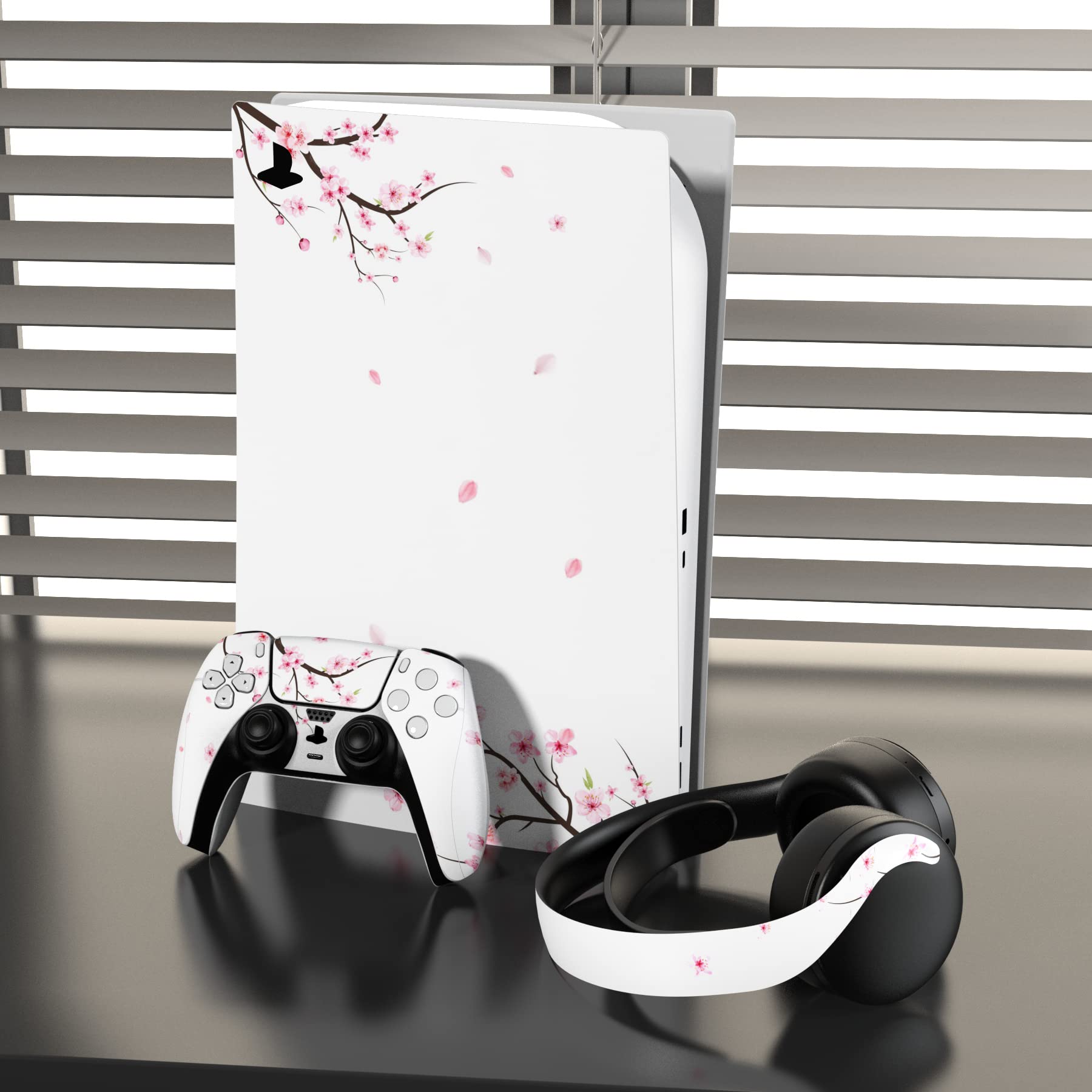 PlayVital Vinyl Skin Stickers for PS5 Console & Accessories - Cherry Blossom Design Protective Decal for PS5, Controller, Charging Dock, Headset & Media Remote | Gaming Setup Decoration & Scratch Protection