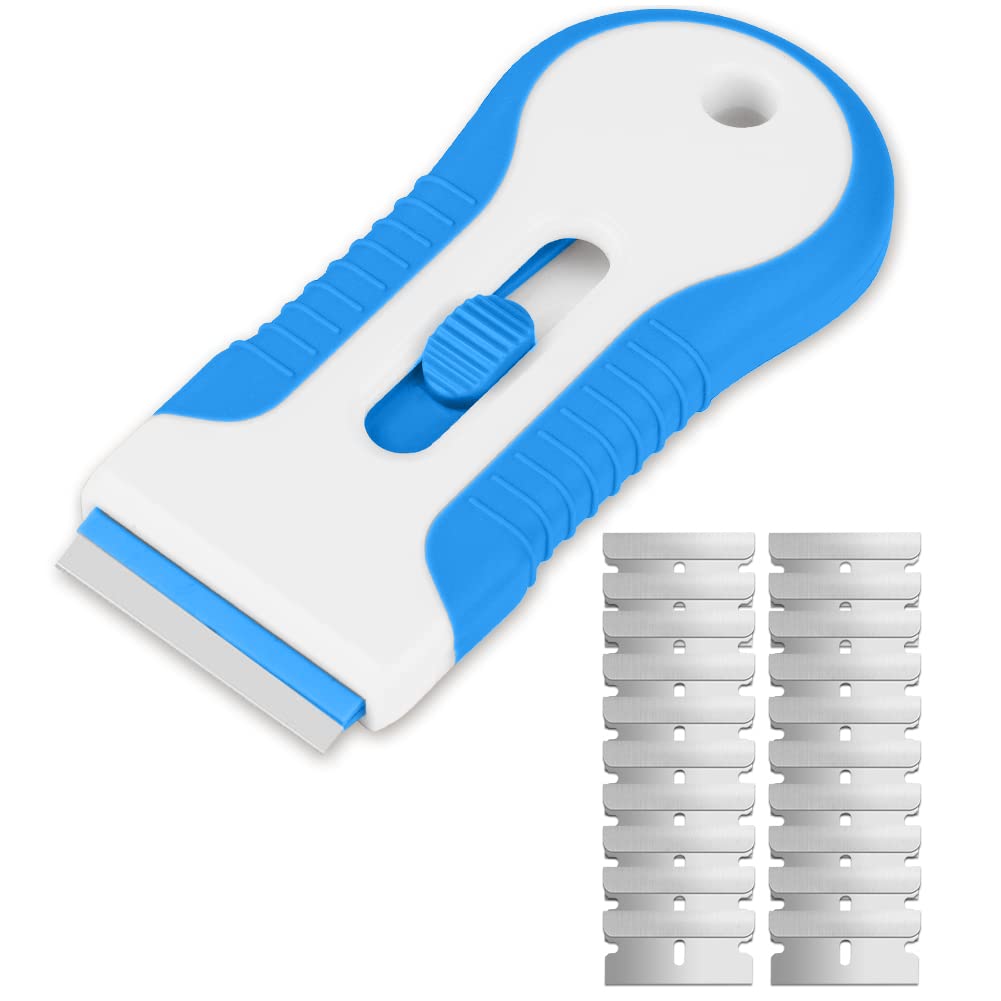 Premium Stainless Steel Razor Blade Scraper - 20PCS Replacement Blades Included - Multi-Purpose Cleaning Tool for Stickers, Labels, Caulk & Paint Removal - Ideal for Glass Cooktops, Windows & DIY Projects (Grey & Blue)